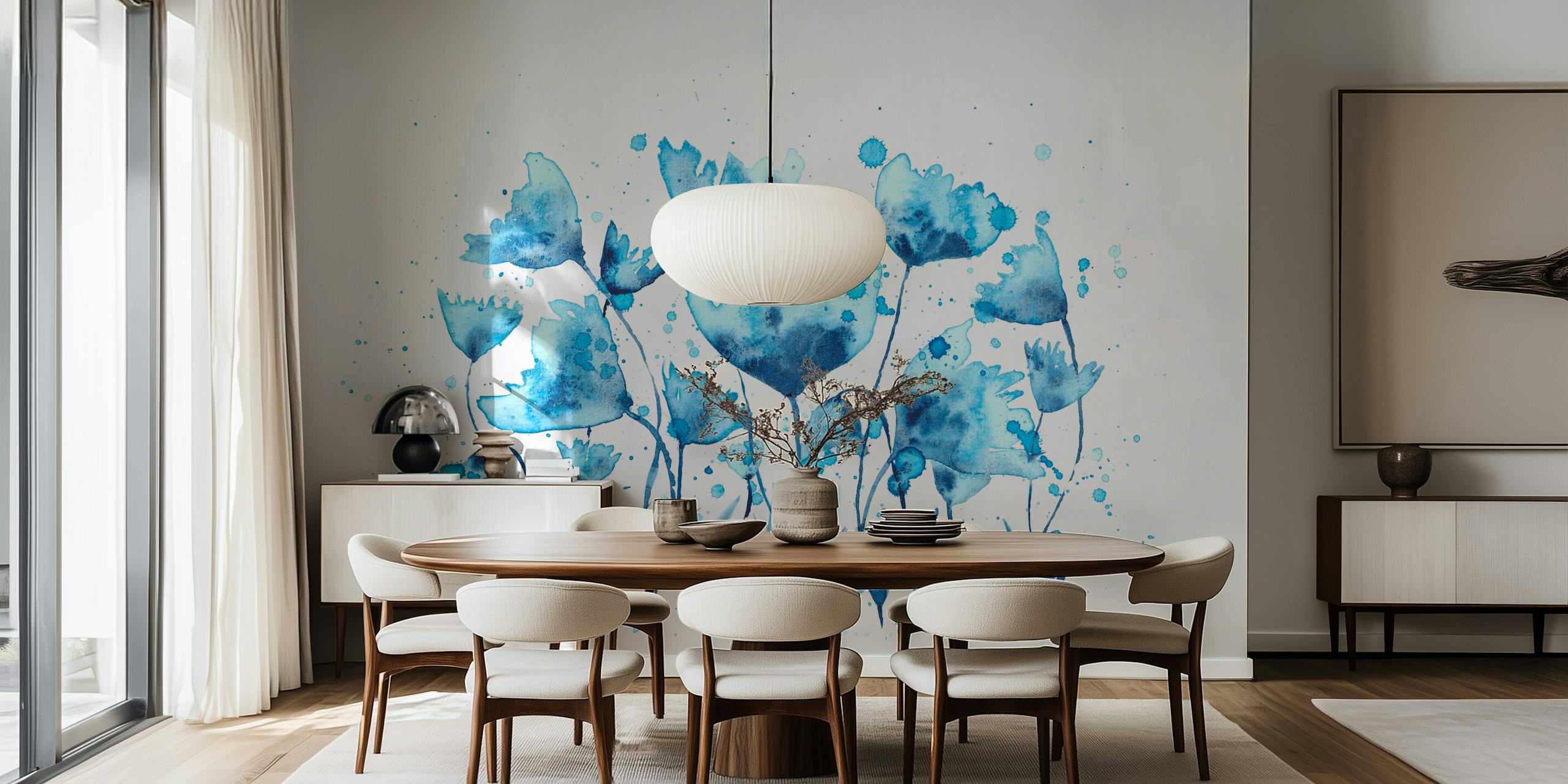 Carta da parati con disegno floreale ad acquerello blu raffigurante una serena scena di giardino