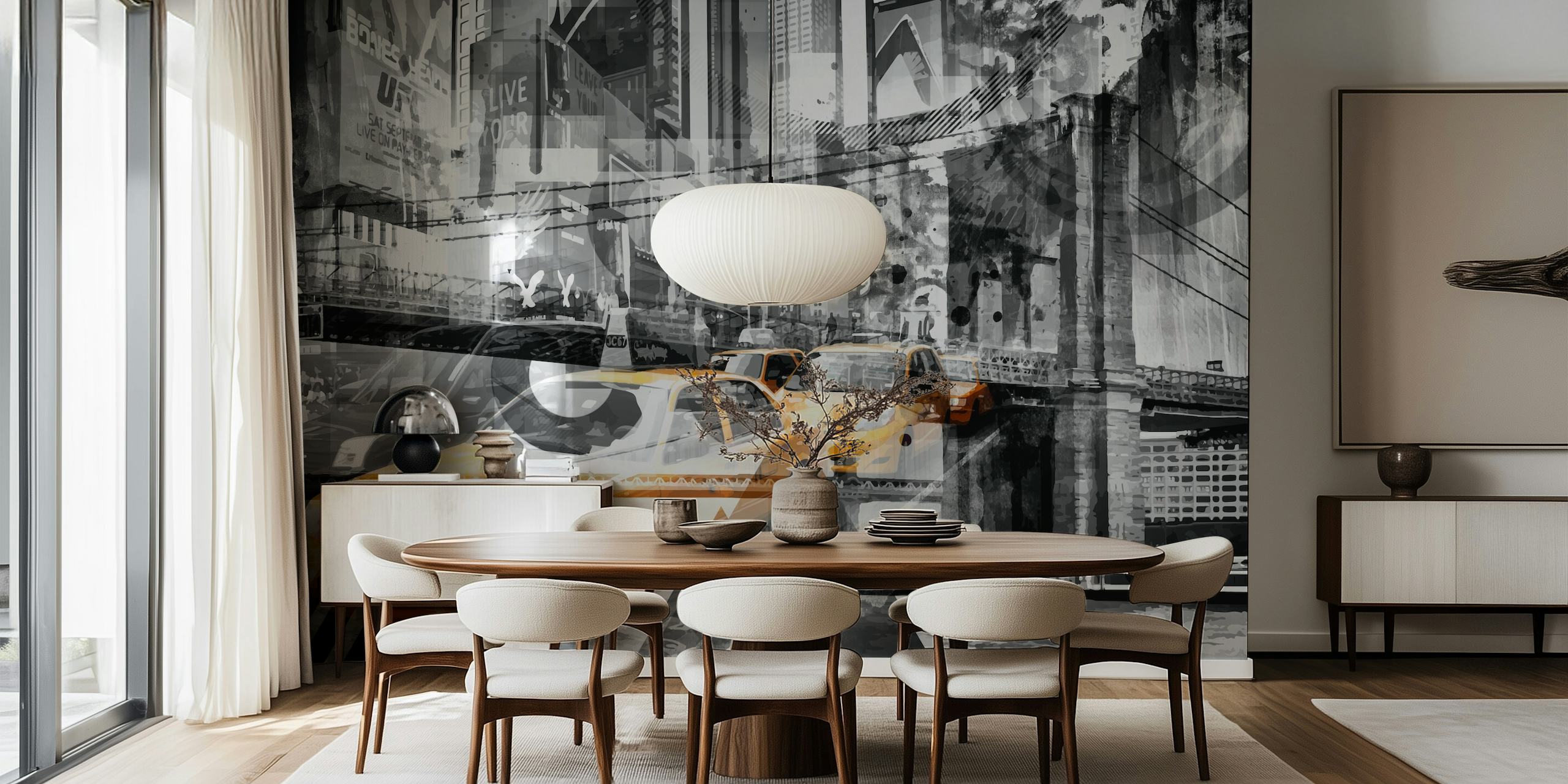 Zwart wit New York stadslandschap met gele taxi's en abstracte elementen wallpaper