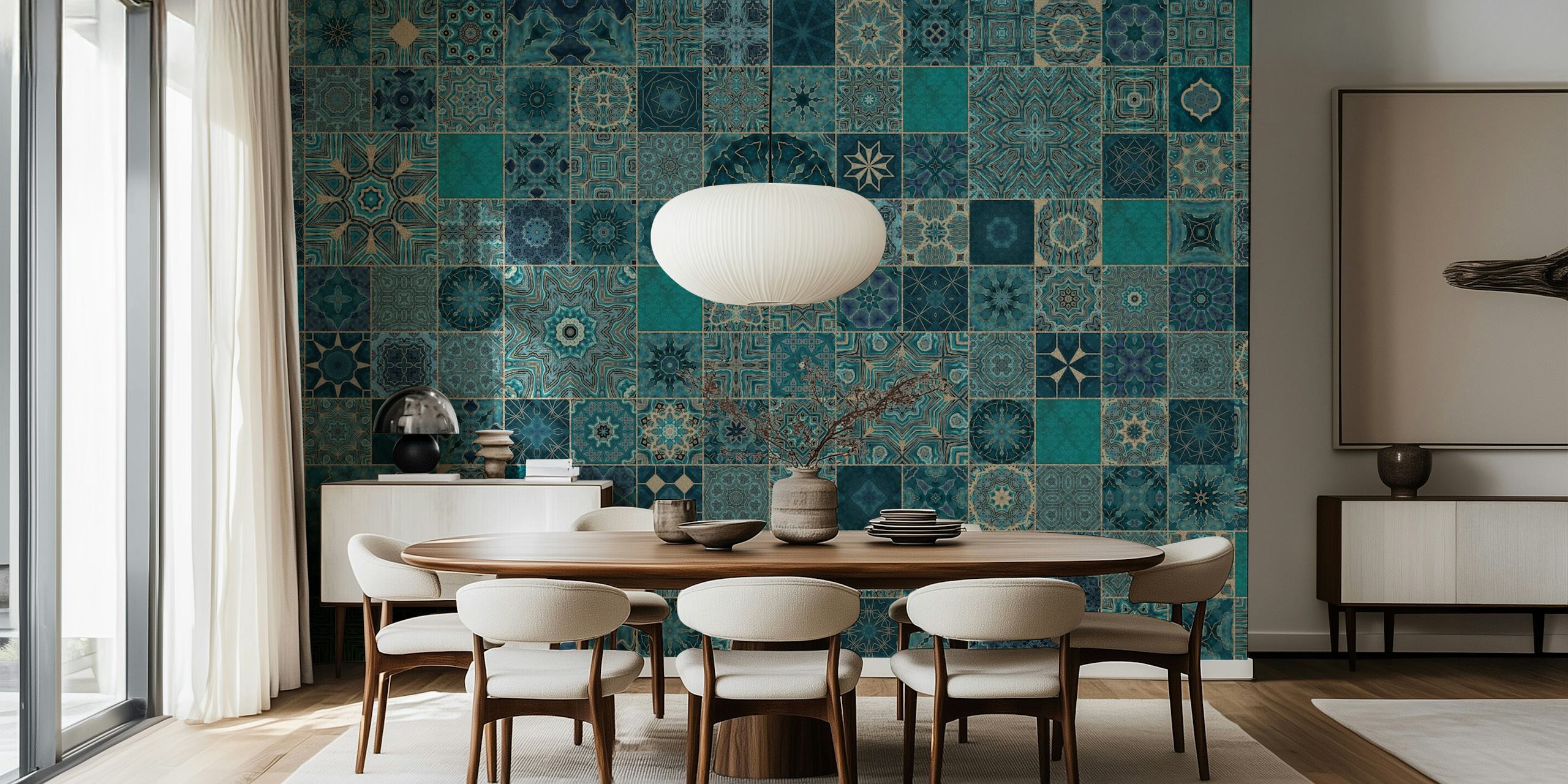 Teal i gold Azulejo tiles w pokoju