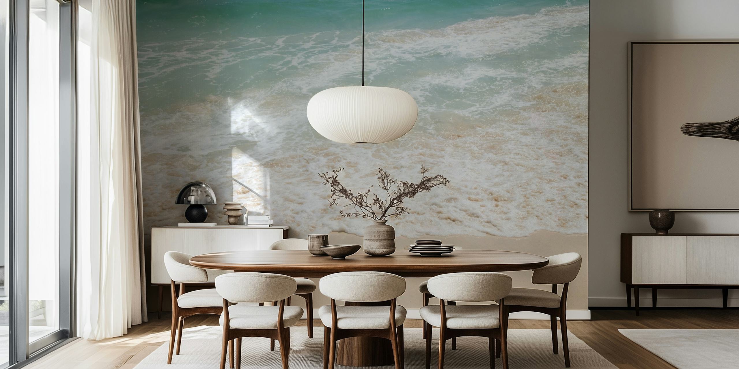 Ocean waves meeting sandy beach in blue and beige wallpaper
