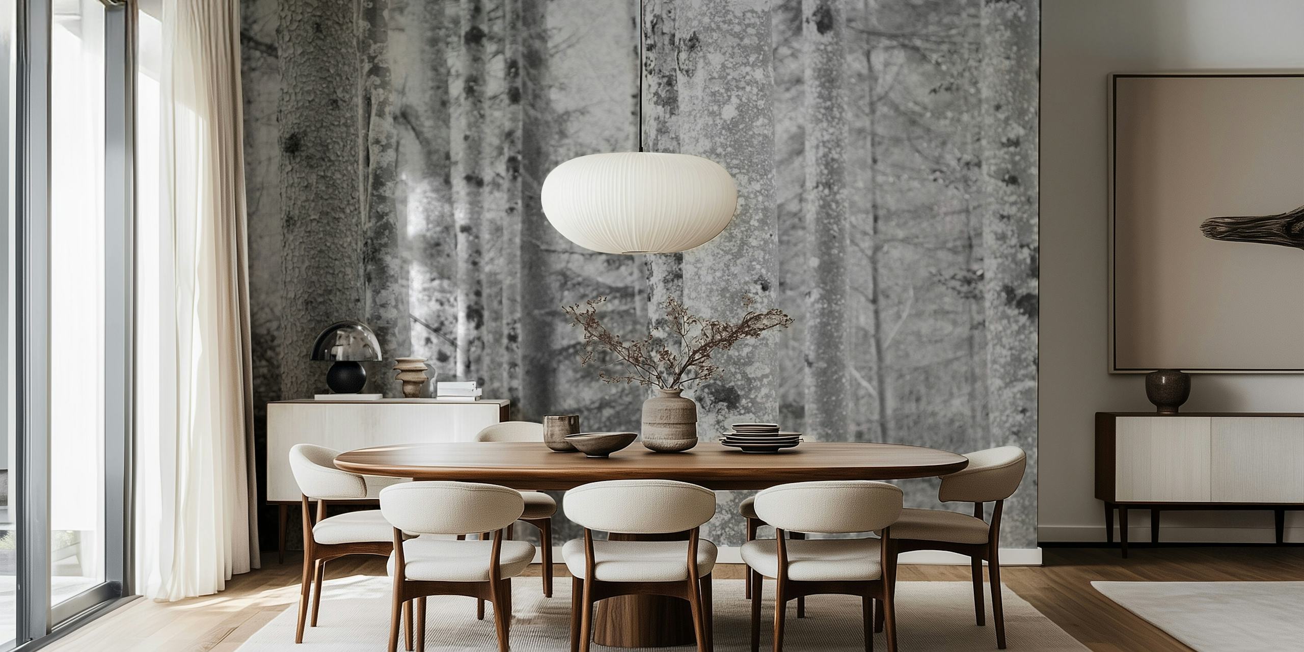 Black and white wall mural depicting a serene forest scene with mist-enshrouded trees.