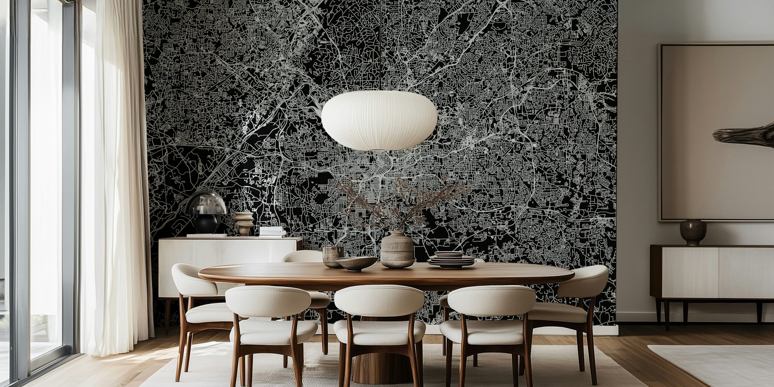 Stylish black and white map mural of Atlanta's city layout for modern interior decor.