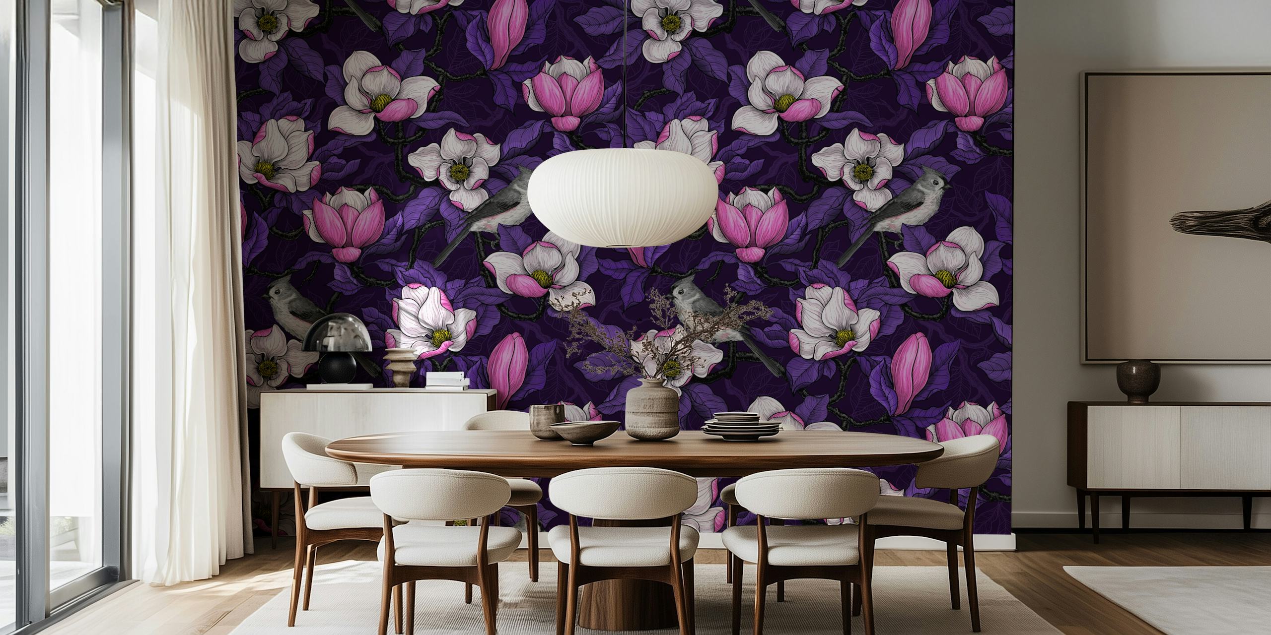 Blooming magnolia i ptak na ciemnej tapecie
