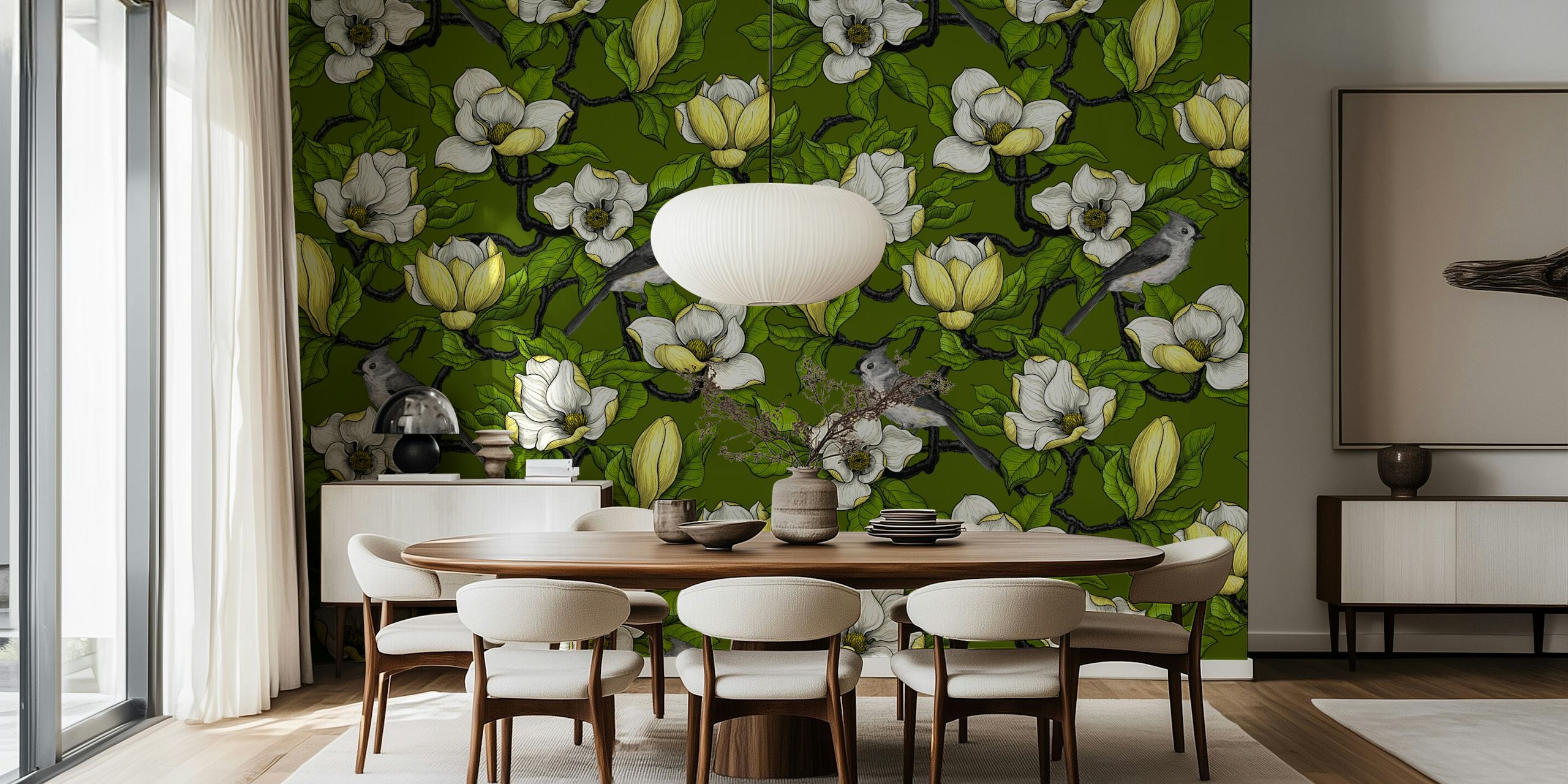 Blooming magnolia flowers and bird wall mural on green background