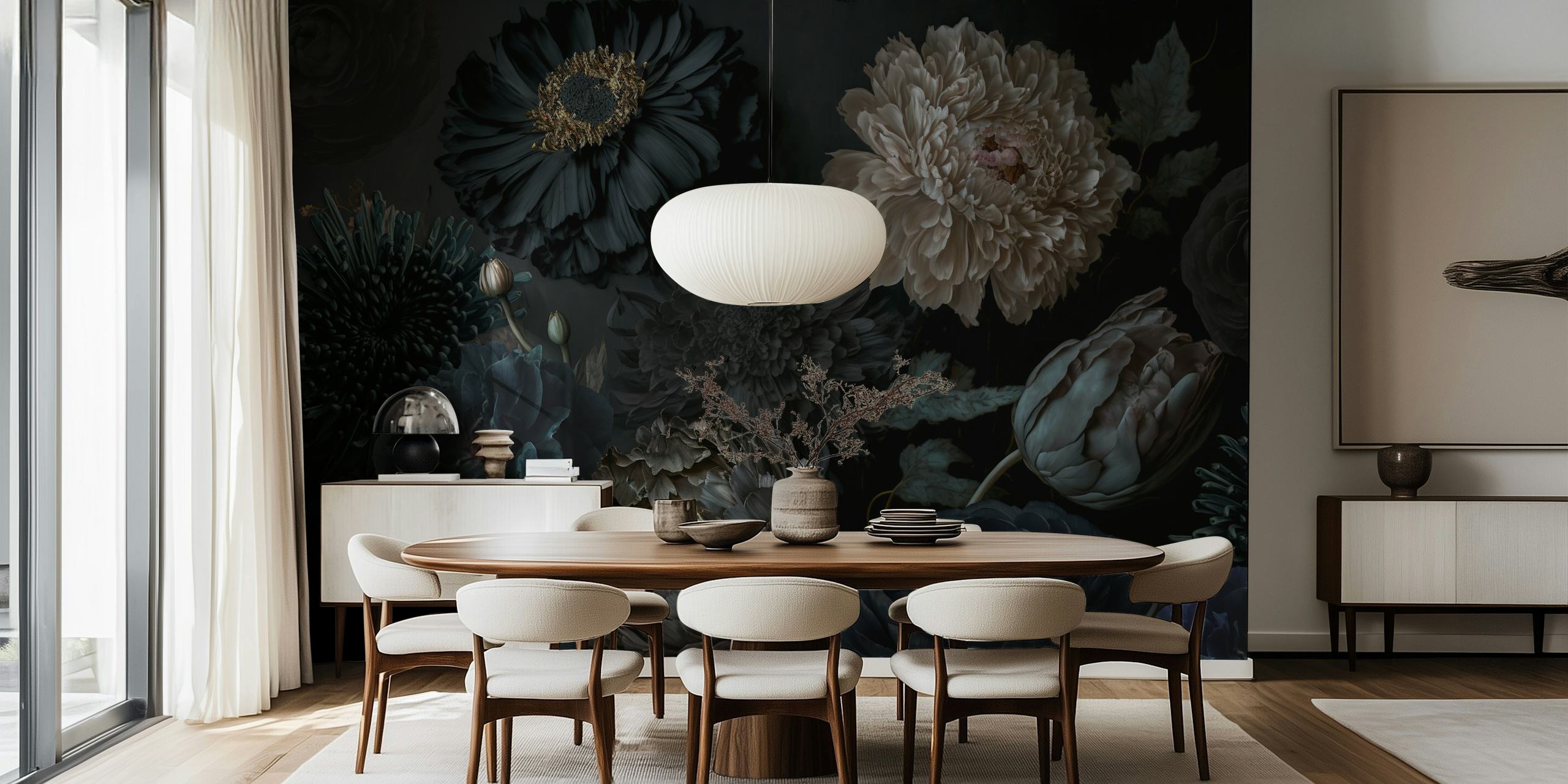 Donkere bloemen in verschillende tinten zwart en nude wallpaper