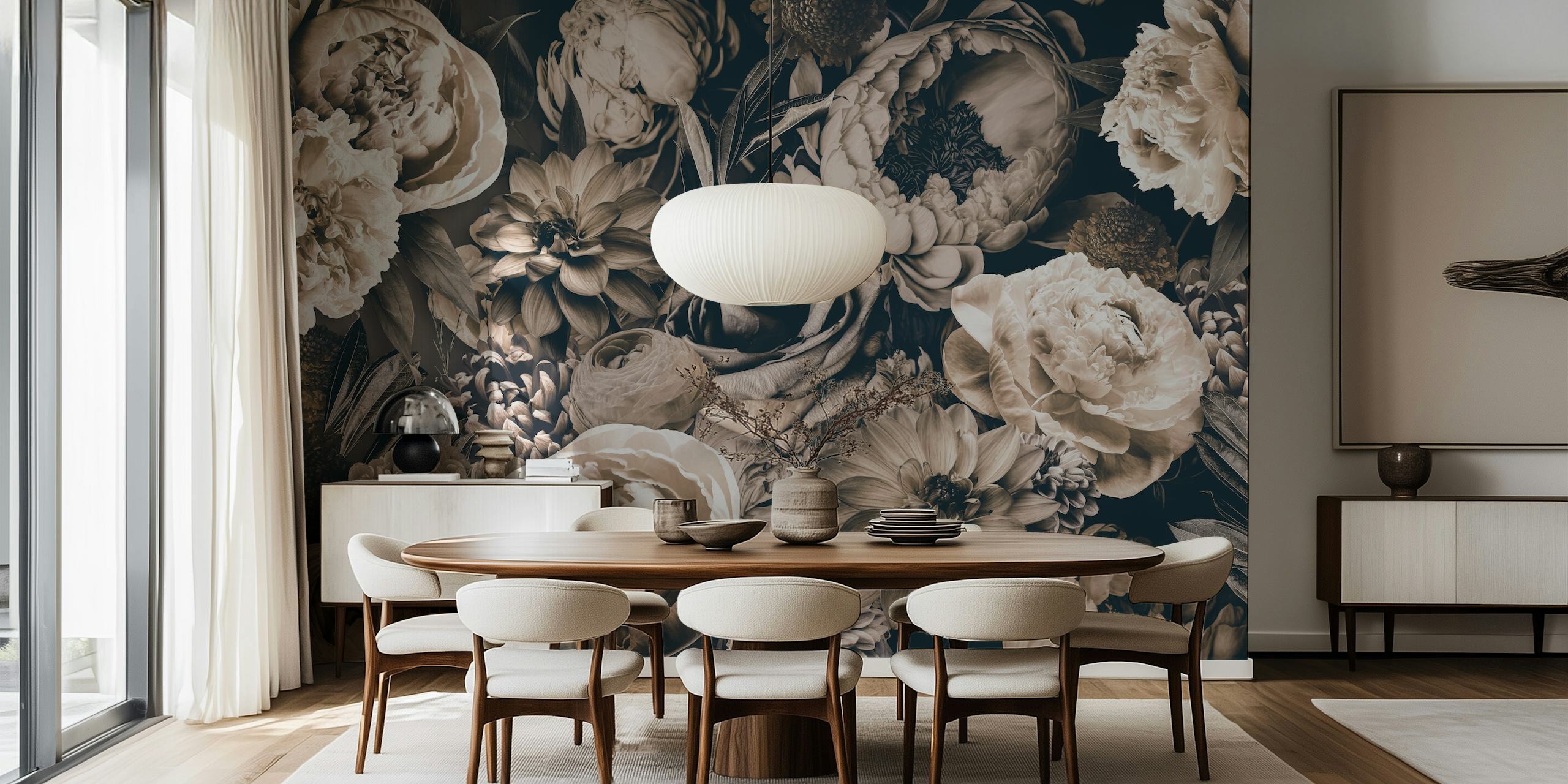 Floral wallpaper featuring detailed baroque style blooms in greige tones