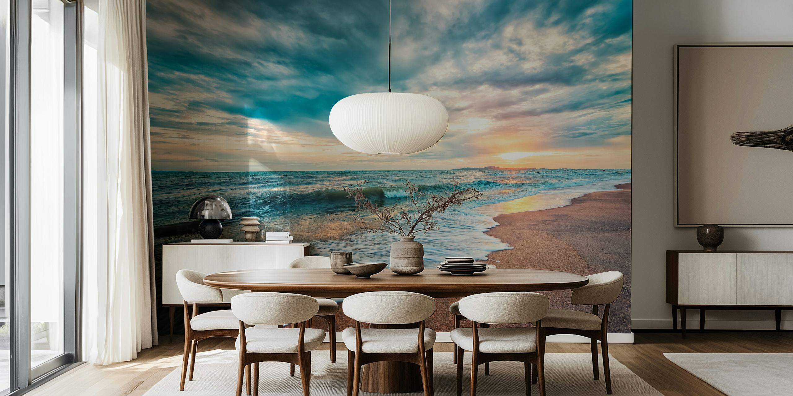 Ocean waves and sandy beach at sunset wallpaper