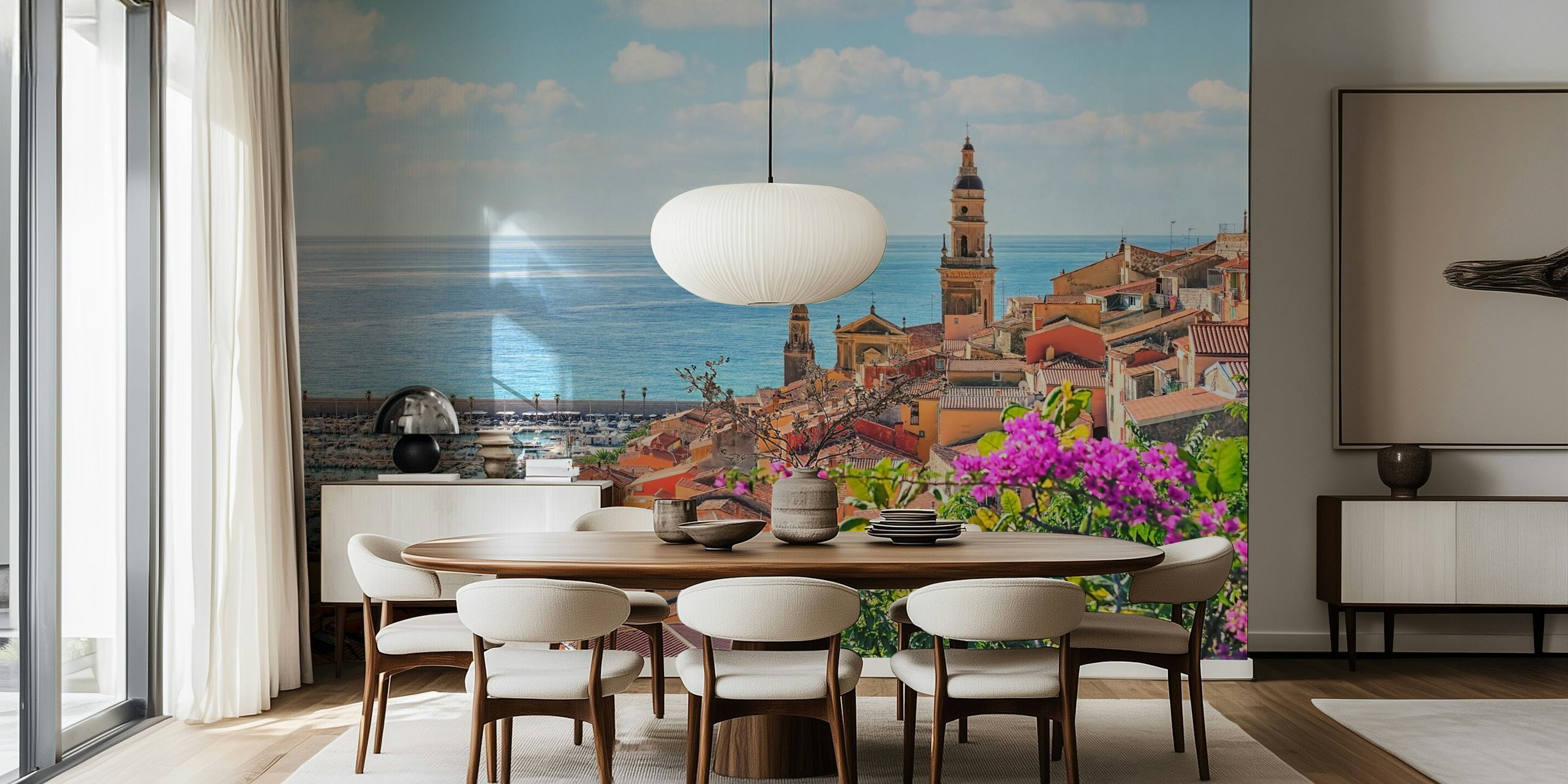 Mediterranean coastal village with colorful houses and blooming flowers wallpaper