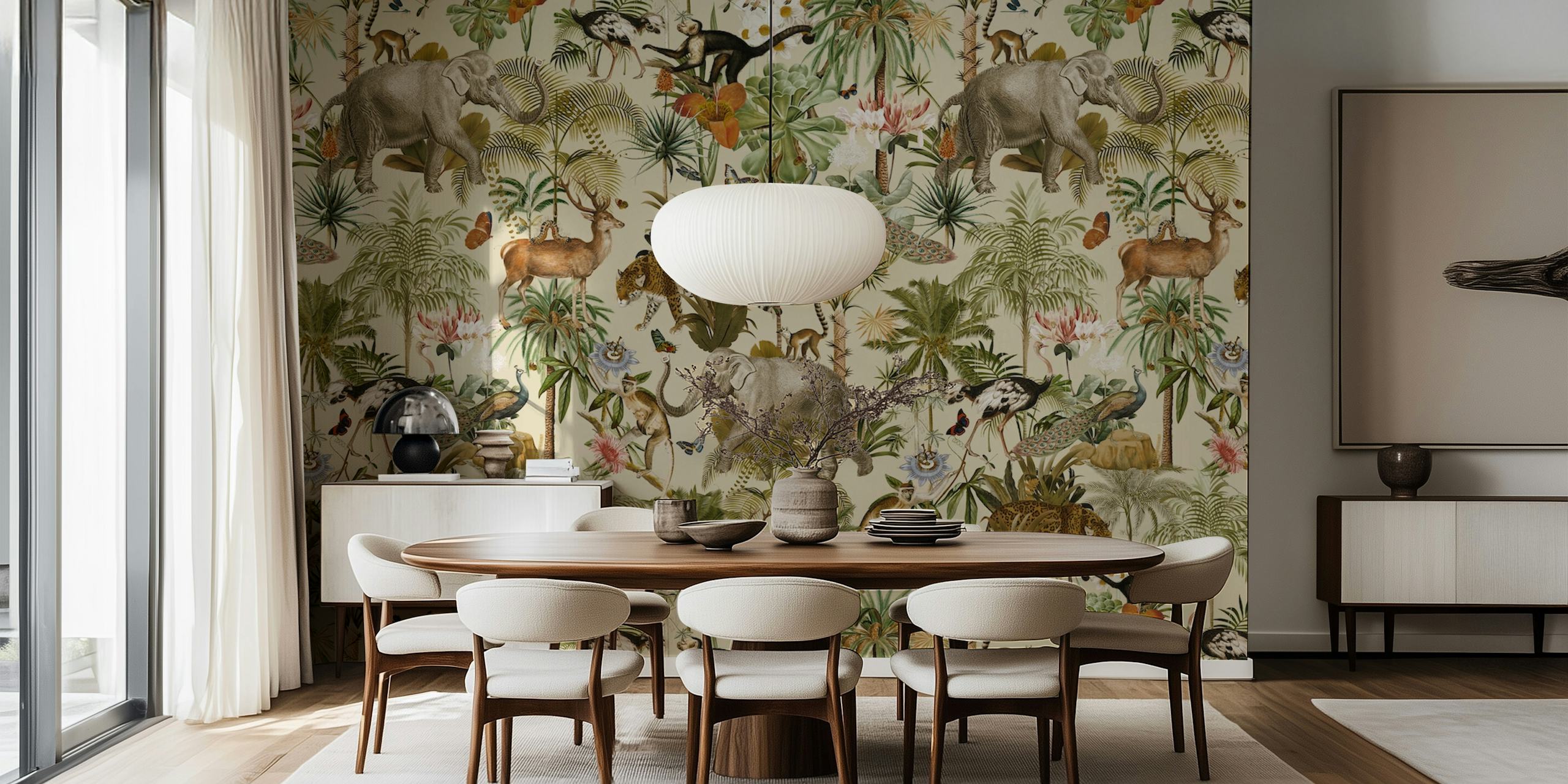 Lush tropical jungle scene with elephants, deer, and vibrant plants wallpaper