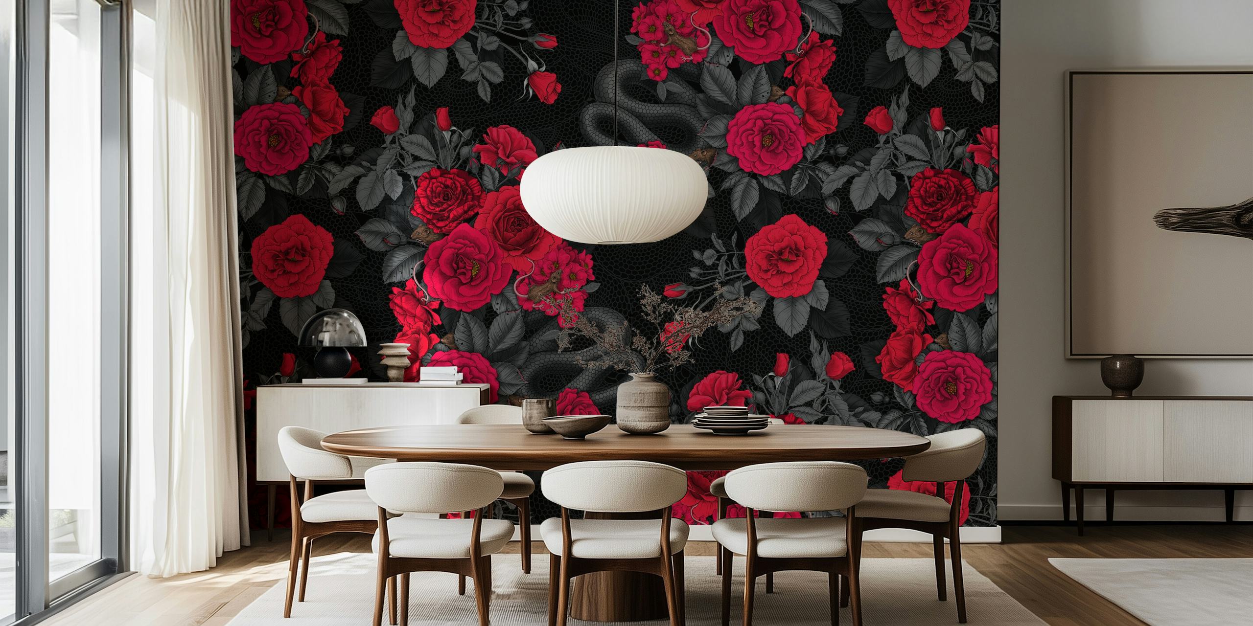 Black wallpaper featuring red roses and a snake design.
