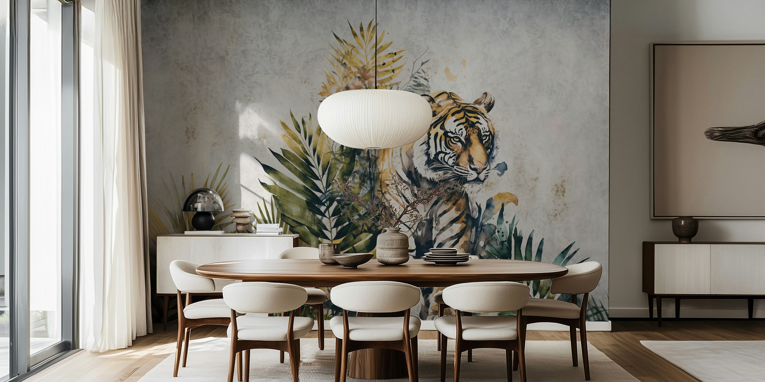 Tiger amidst green tropical leaves on textured wallpaper