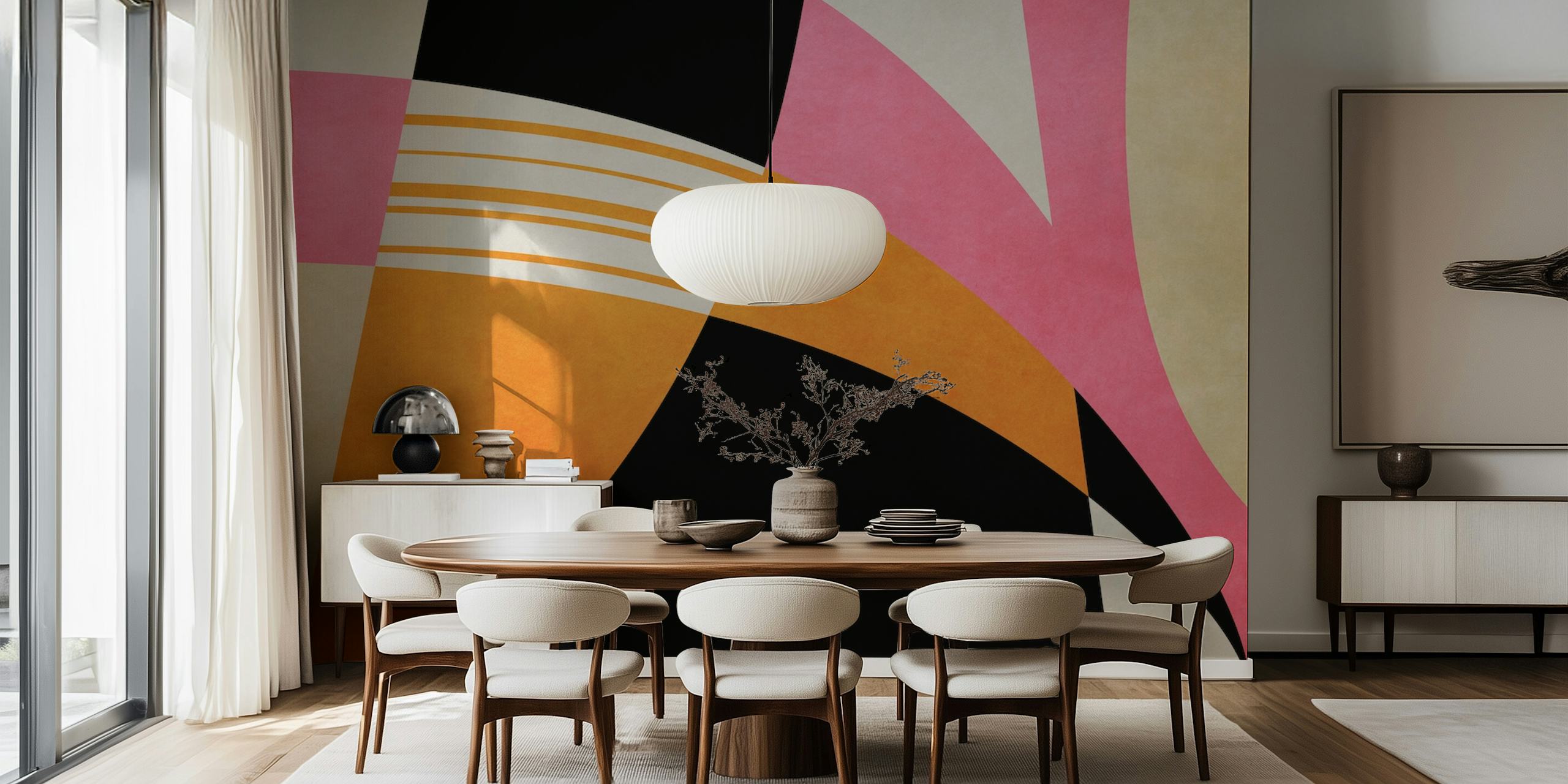 Colorful abstract shapes in black, pink, orange, and cream wallpaper