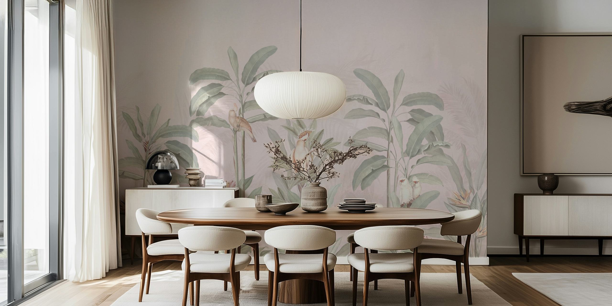 Pastel blush jungle landscape wallpaper with tropical leaves and birds