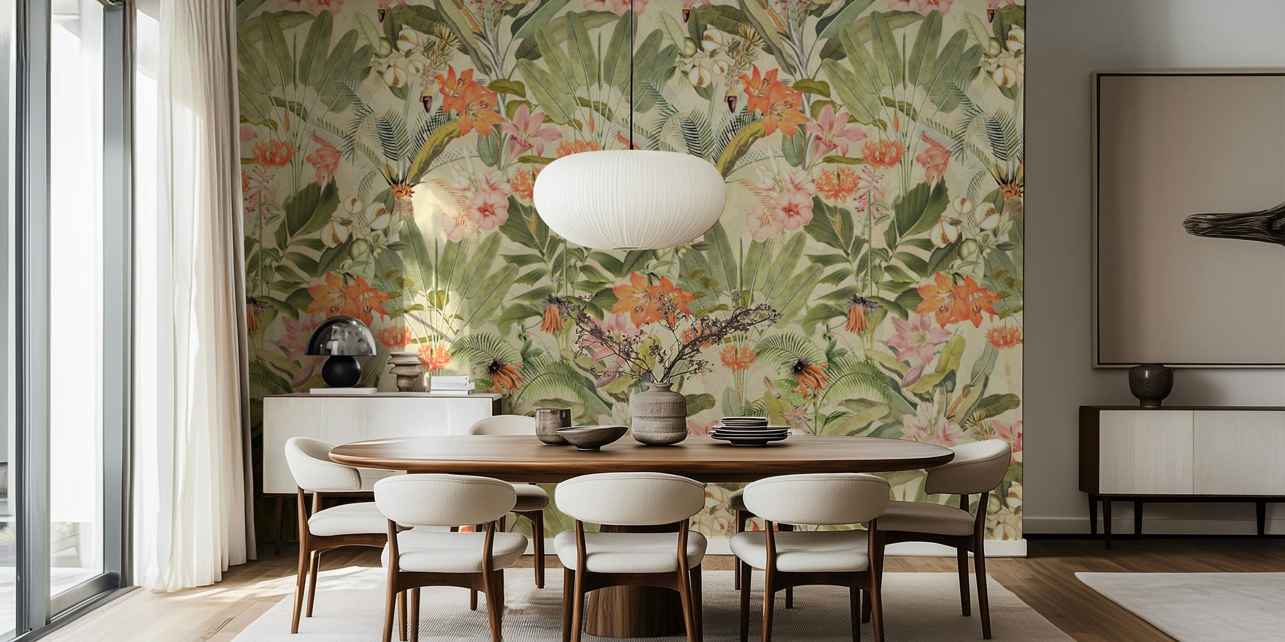 Tropical hibiscus flowers and palm leaves in pastel colors wallpaper