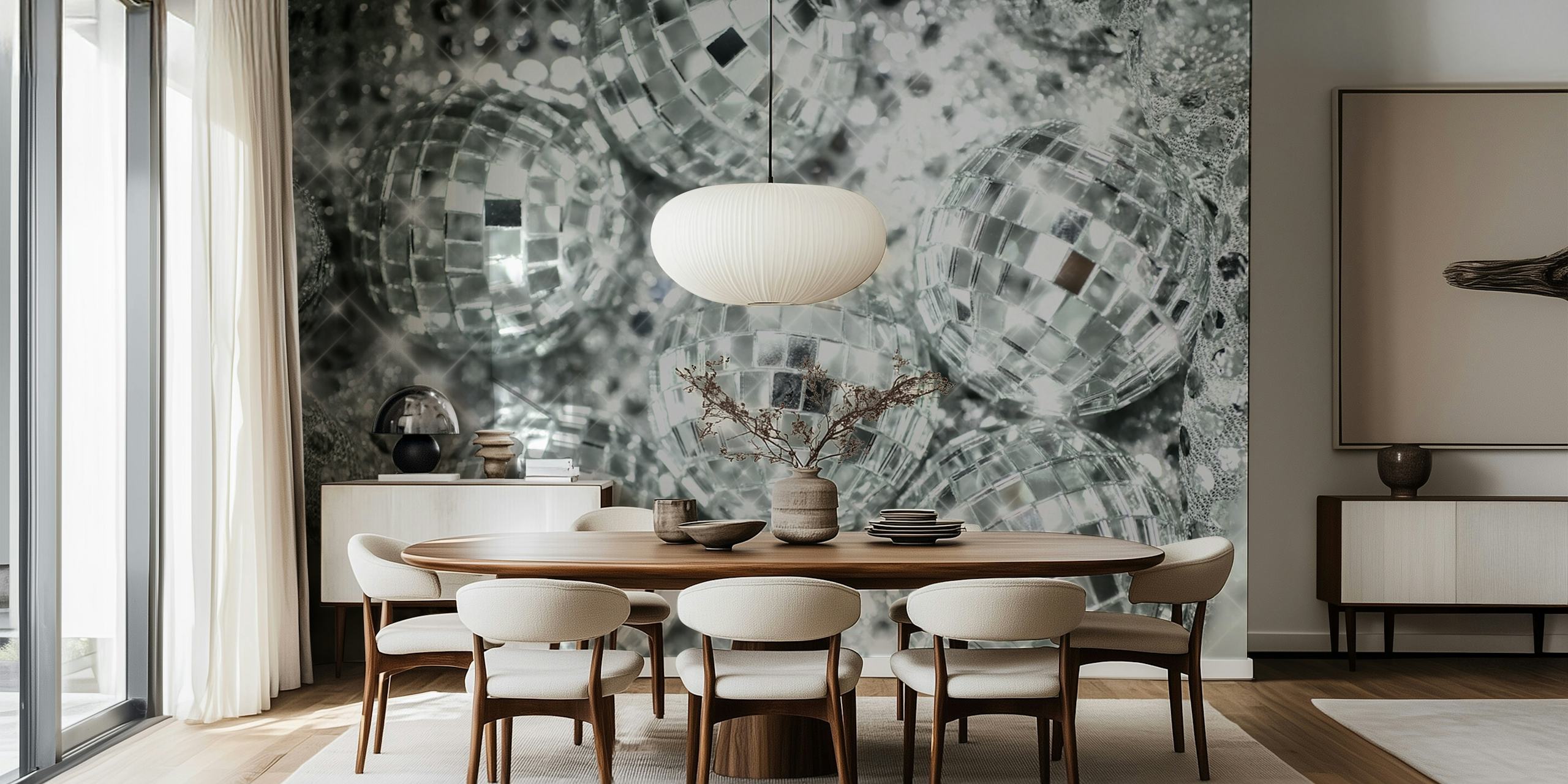 Shiny disco balls surrounded by glittery silver backdrop wallpaper