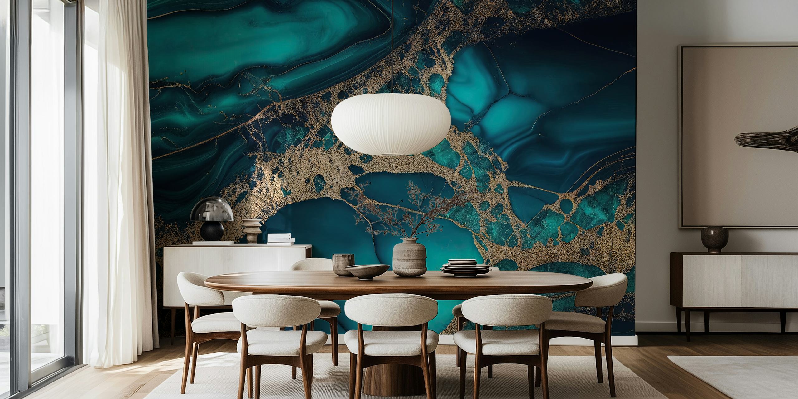 Teal and gold marble pattern wallpaper