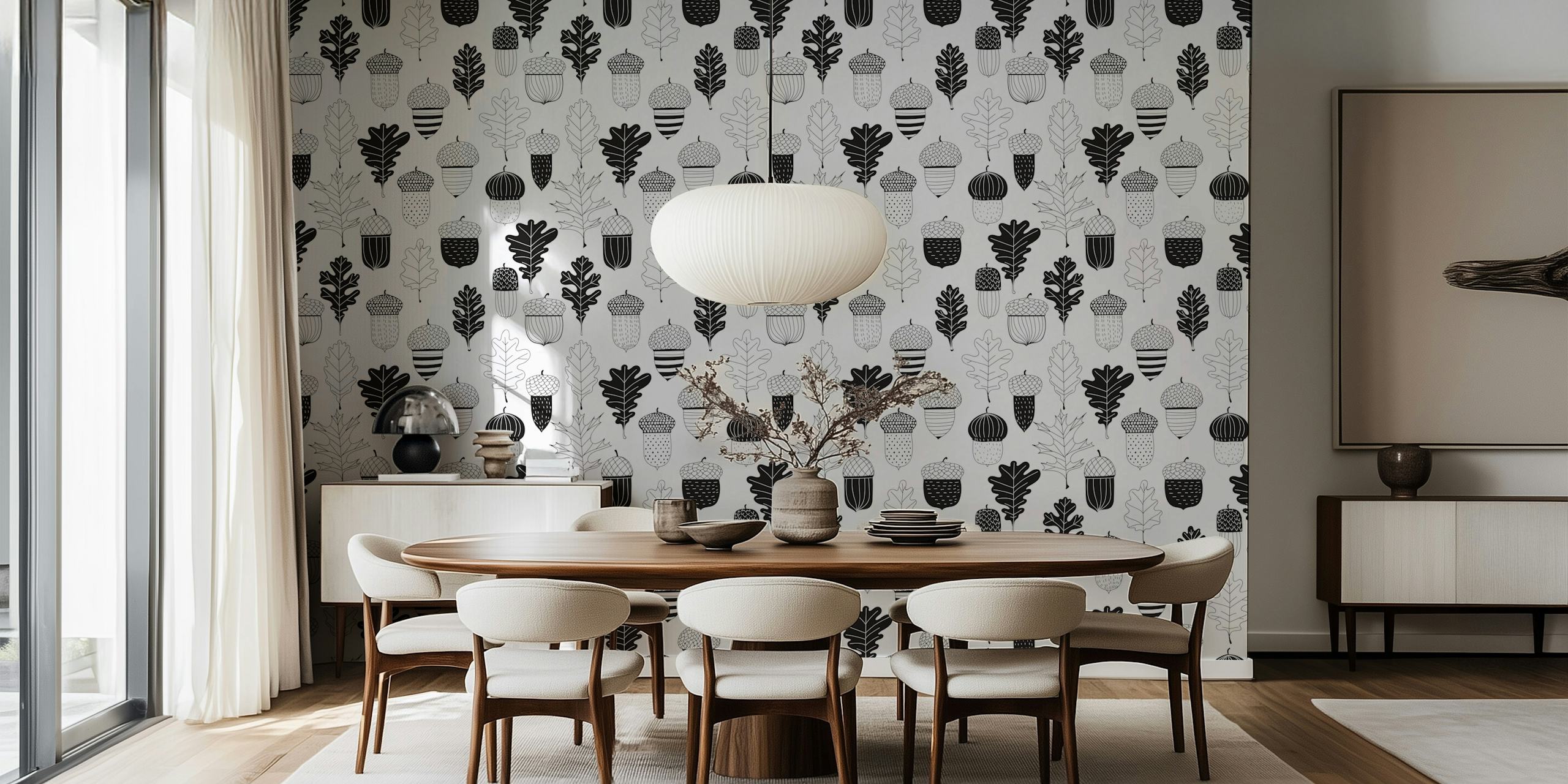 Black and white wallpaper featuring acorns and oak leaves doodles