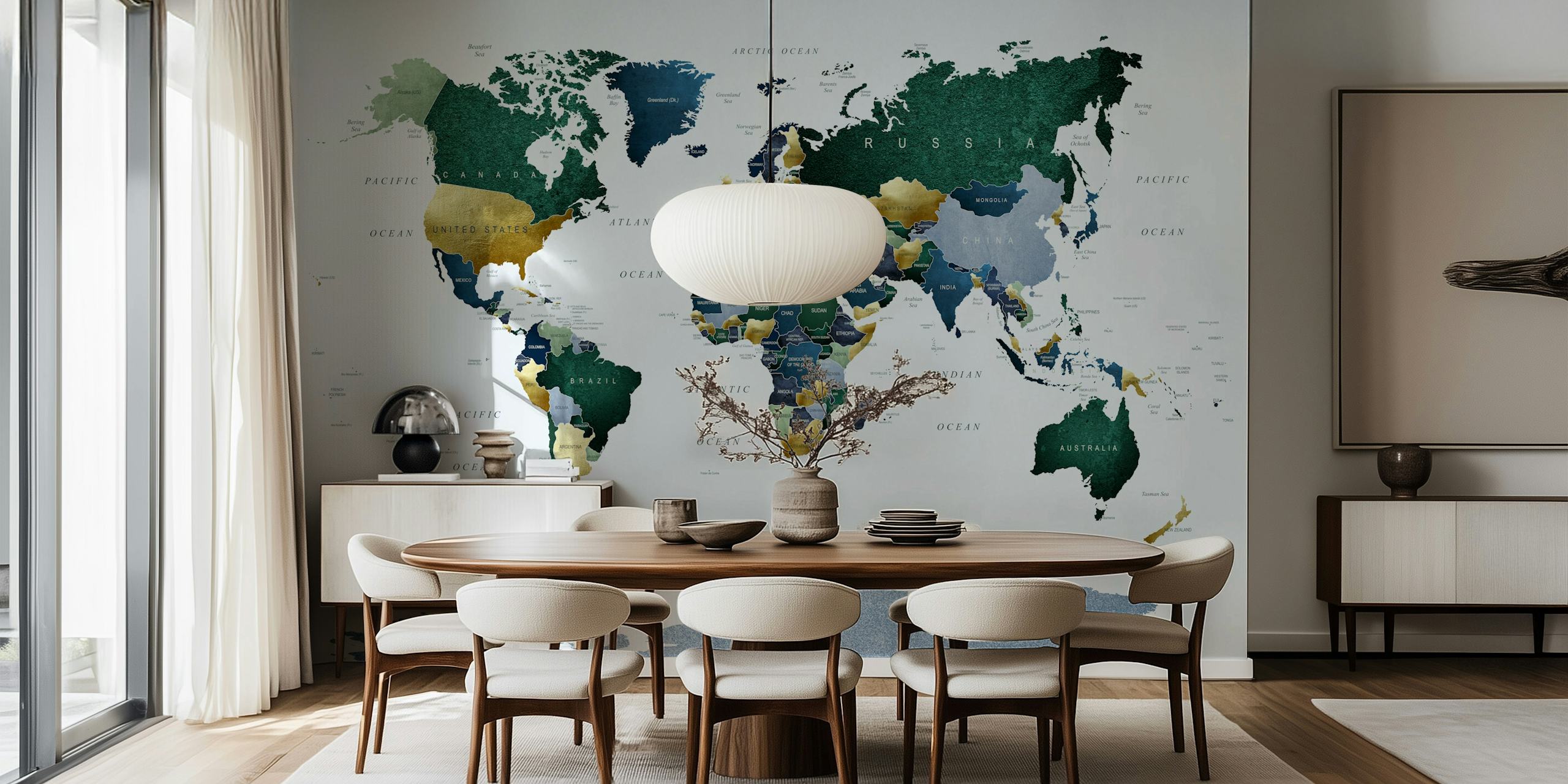World map in blue and green tones wall mural