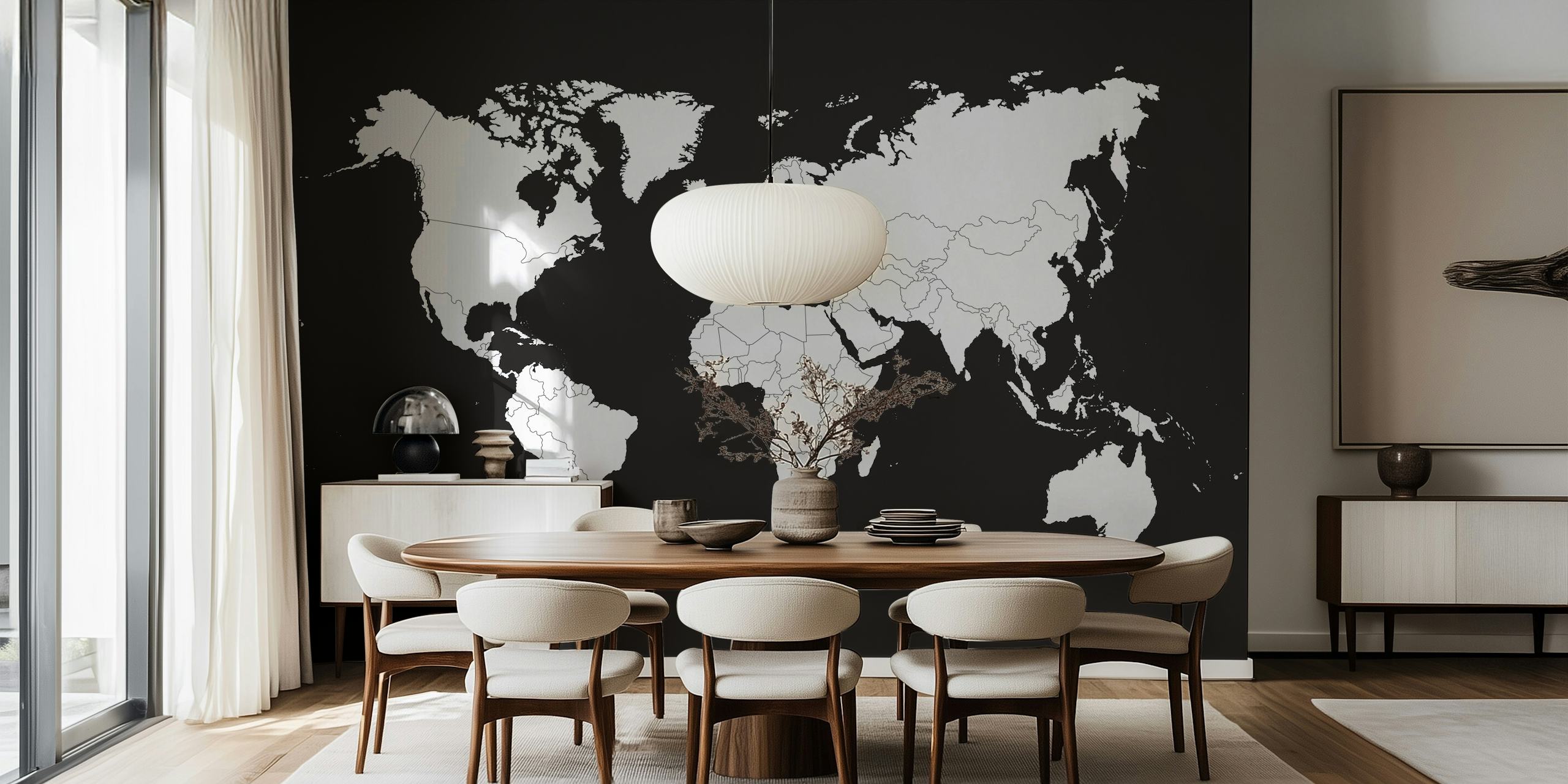 Black and White wereldkaart behang in een kamer
