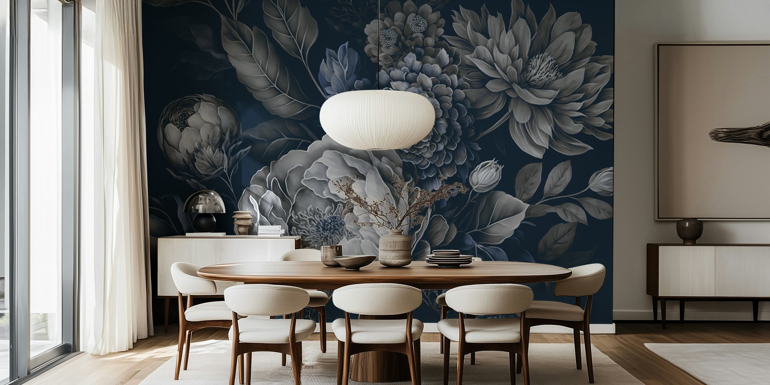 Large floral design featuring blue and white peonies and leaves wallpaper