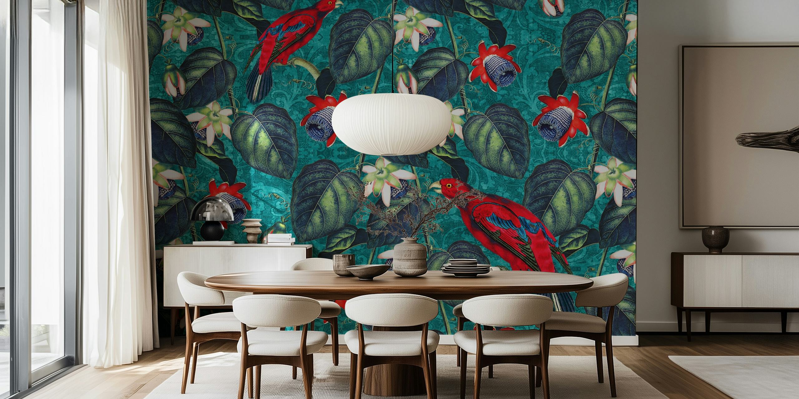 Carta da parati Paradise XL Teal Red Green in una stanza