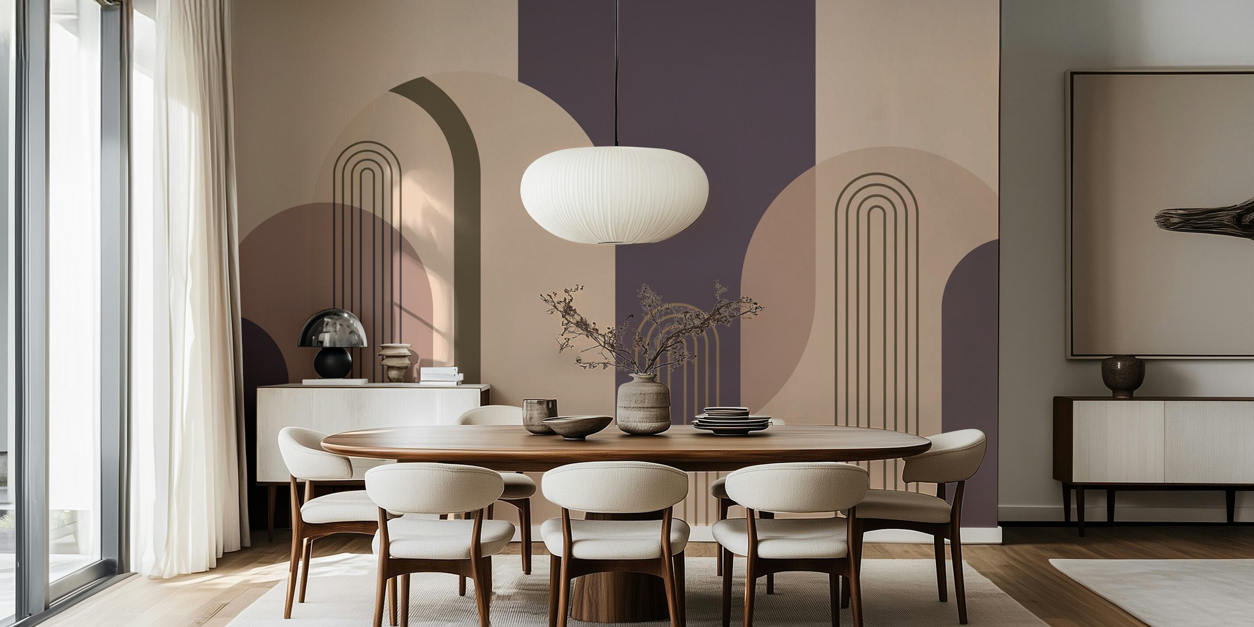 Mid Century Arches Aubergine Wall Mural with geometric shapes