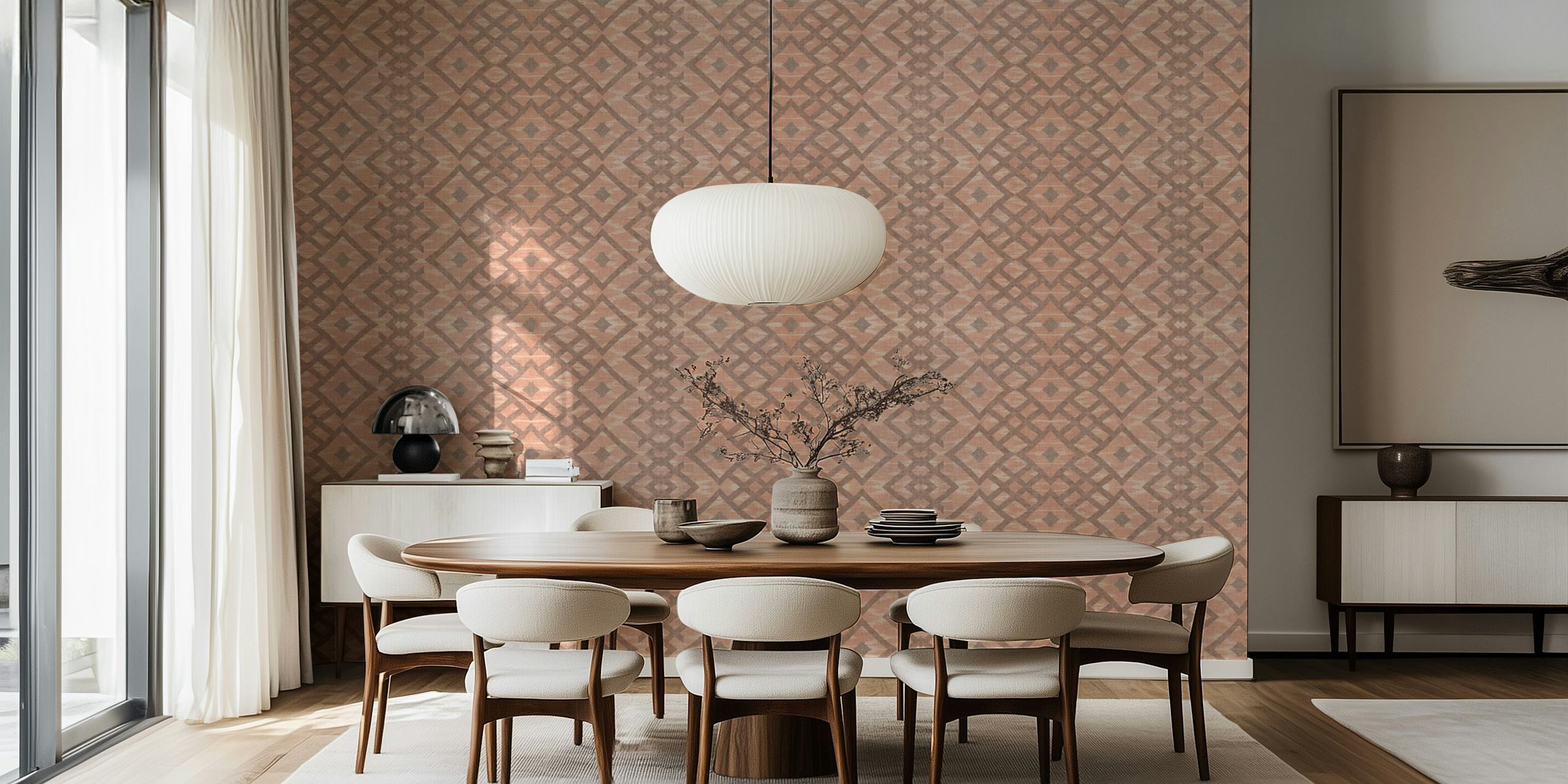 Terracotta and beige geometric ikat pattern wallpaper