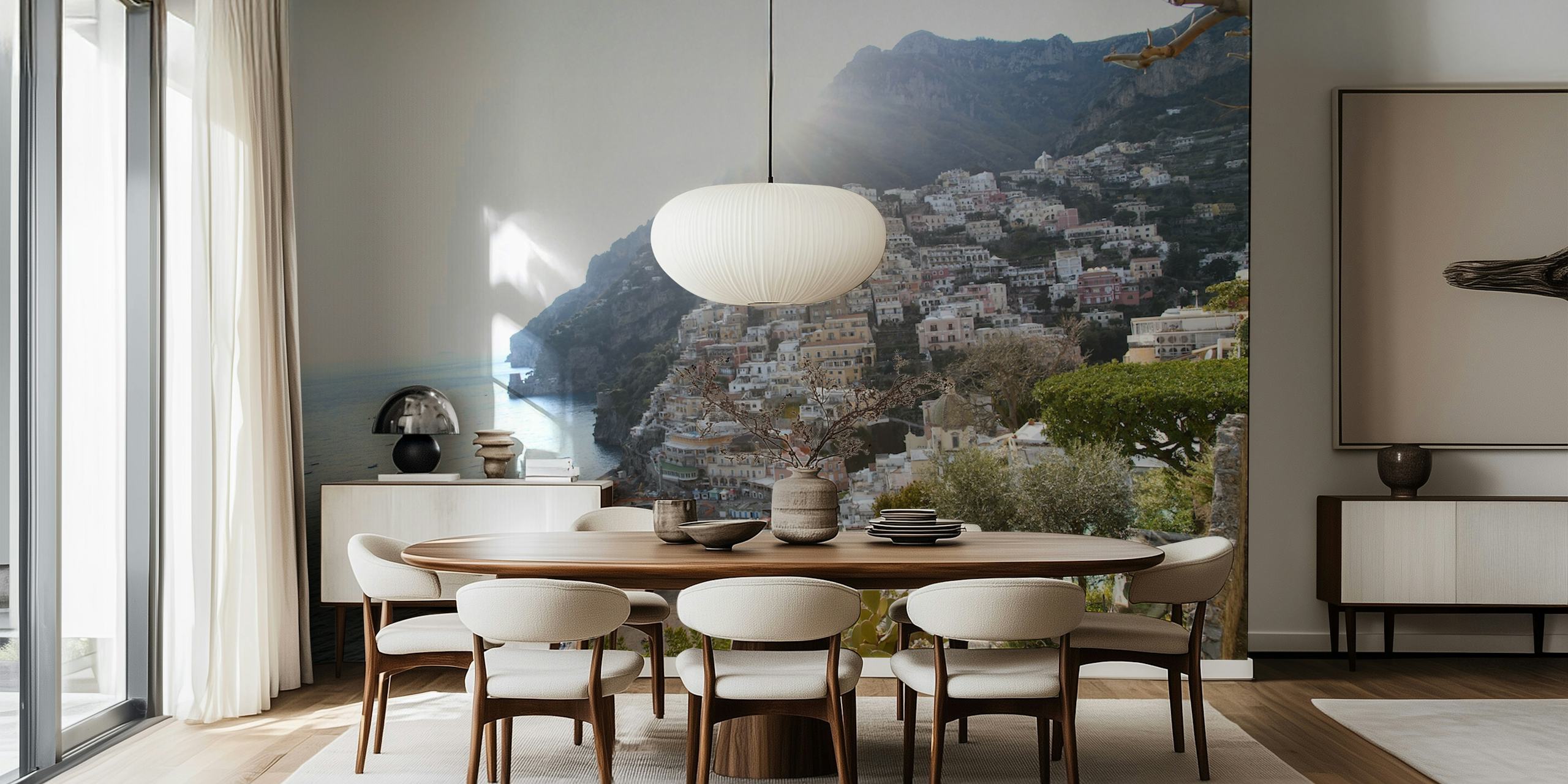 Veggmaleri i italiensk kystlandskap med Positano-klippeside og hav