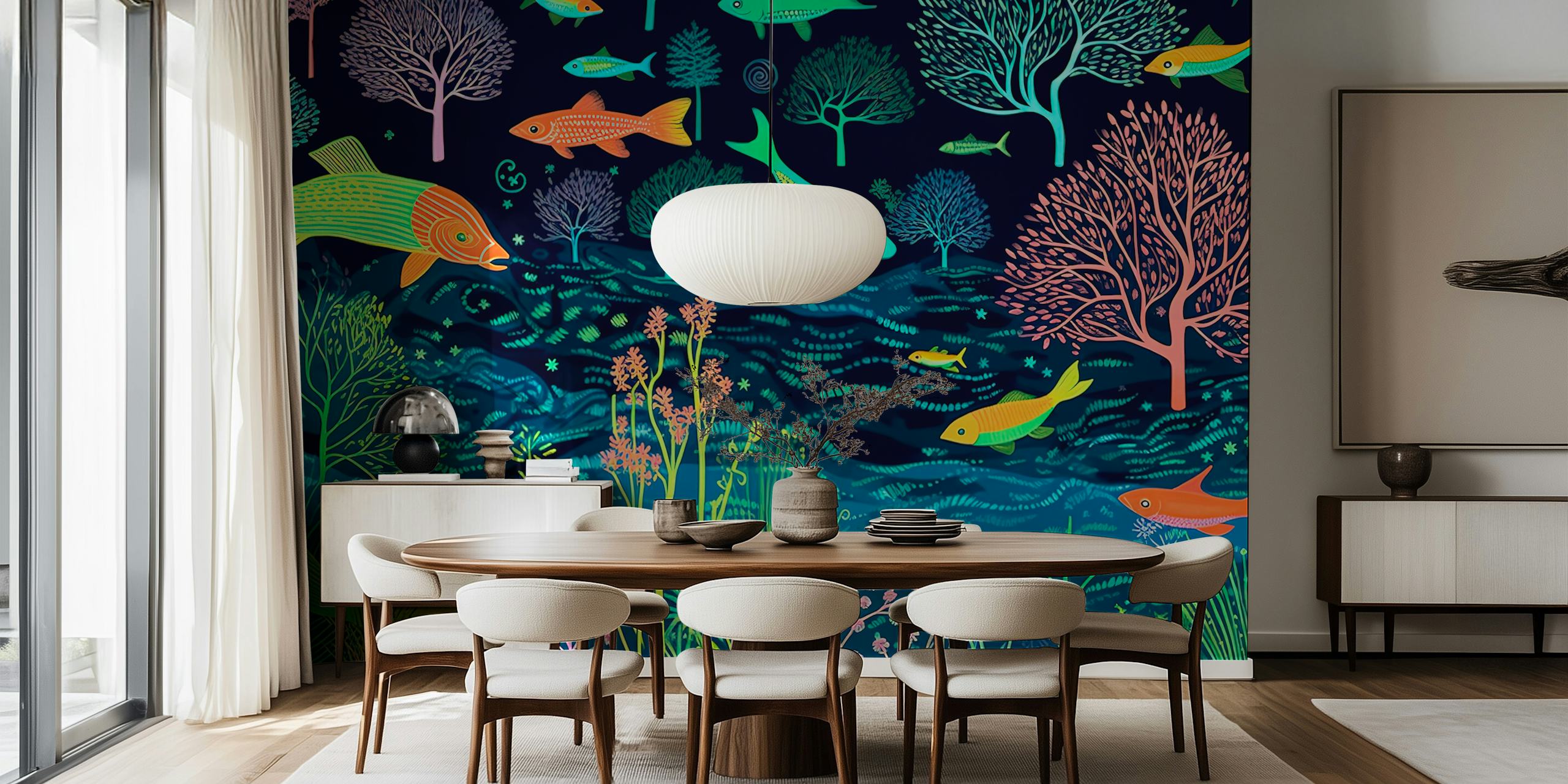 Colorful tropical fish and trees design wallpaper
