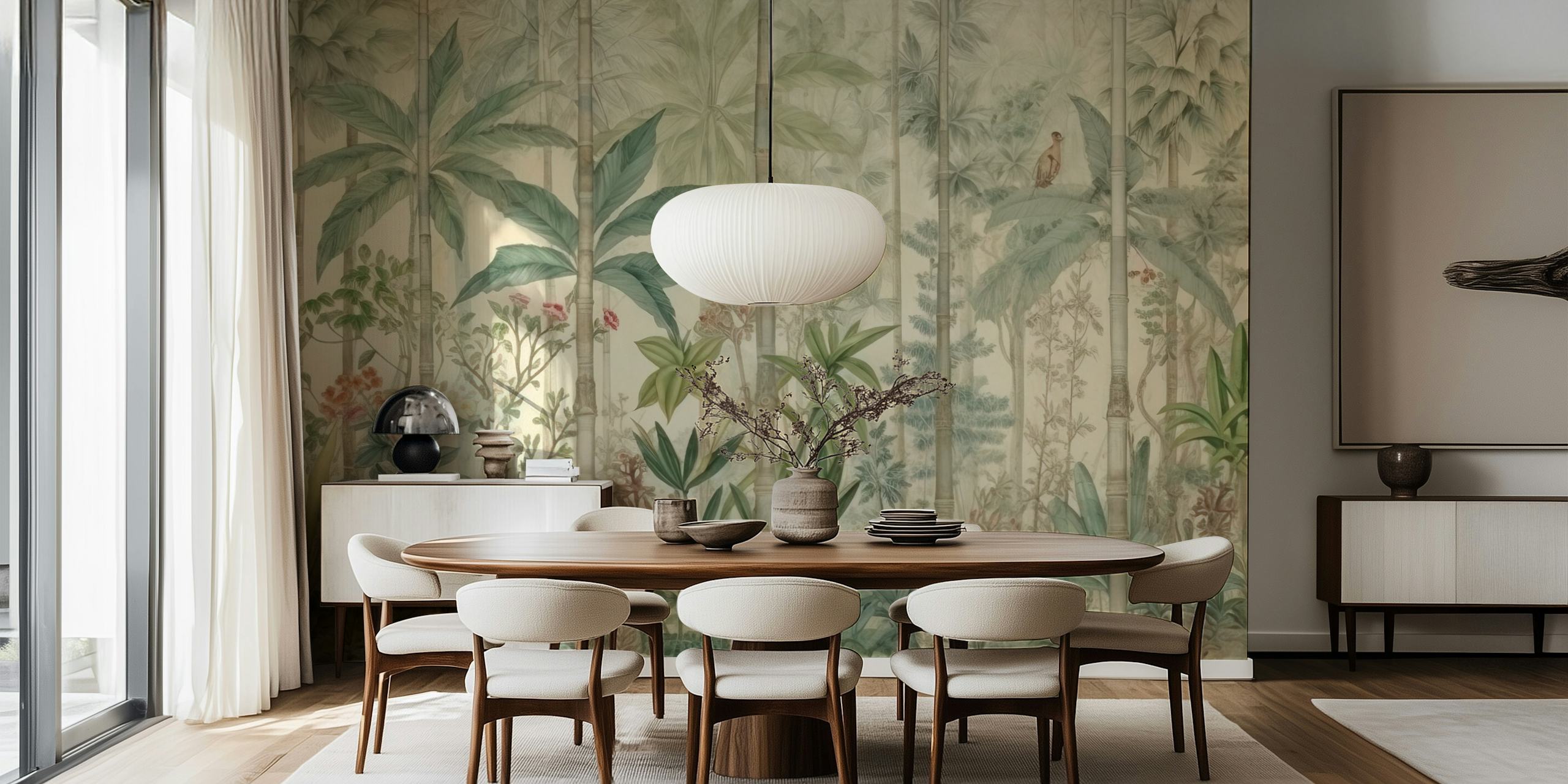 Thai jungle wallpaper featuring lush green foliage and palm trees