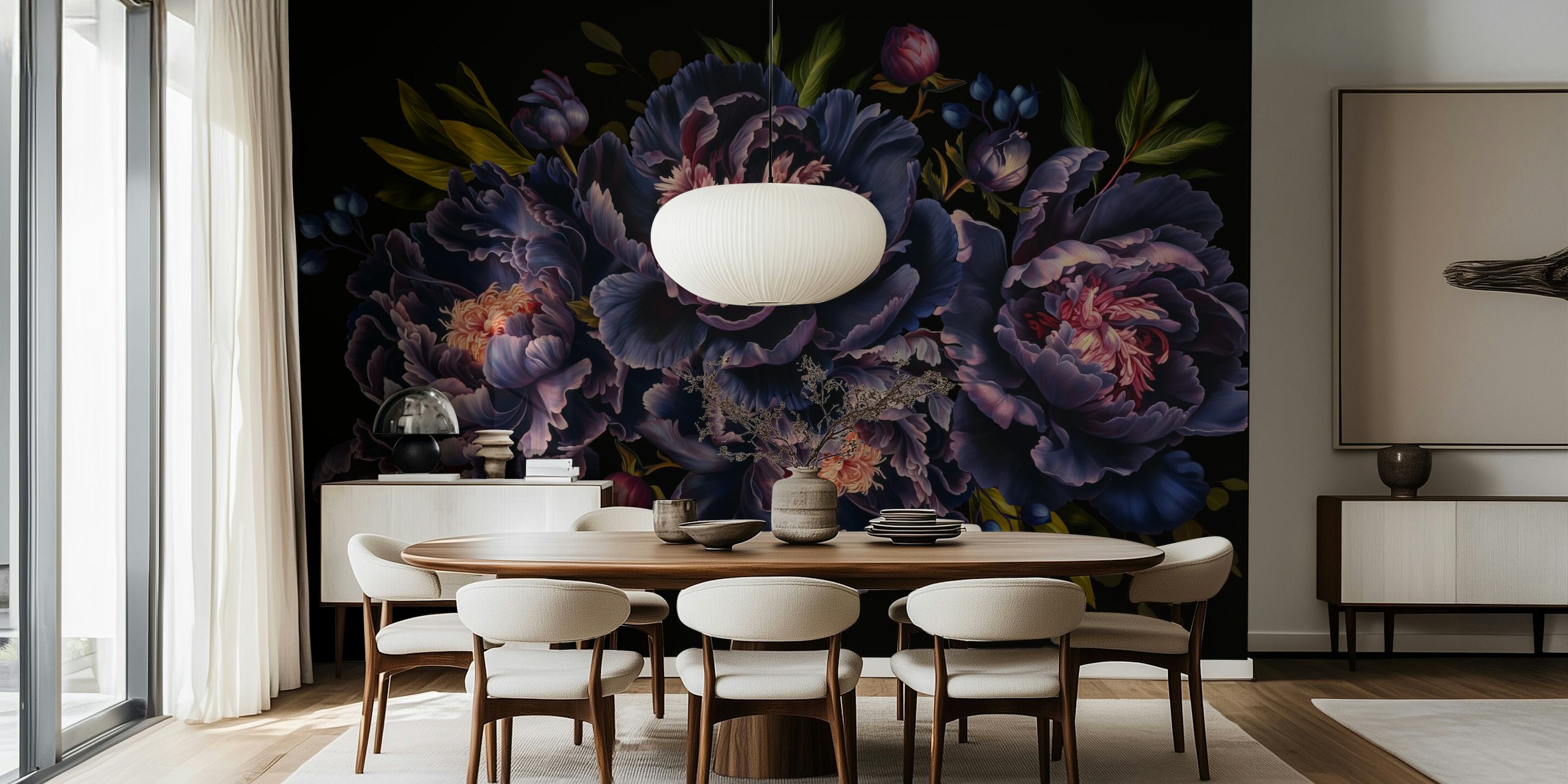 Ταπετσαρία Peonies μπλε και μωβ στην έκθεση δωματίου