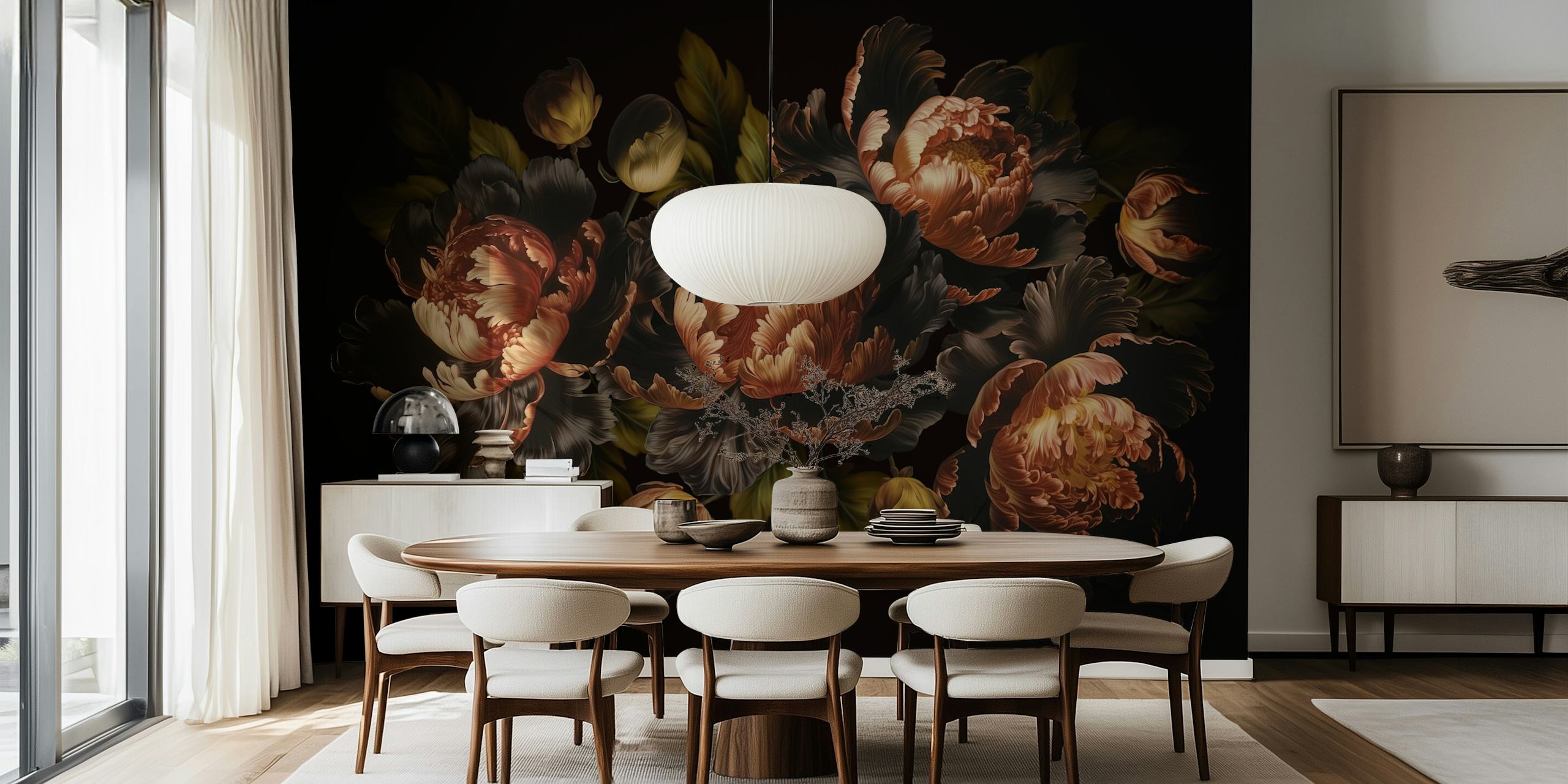 Moody Baroque Peonies wallpaper in a room