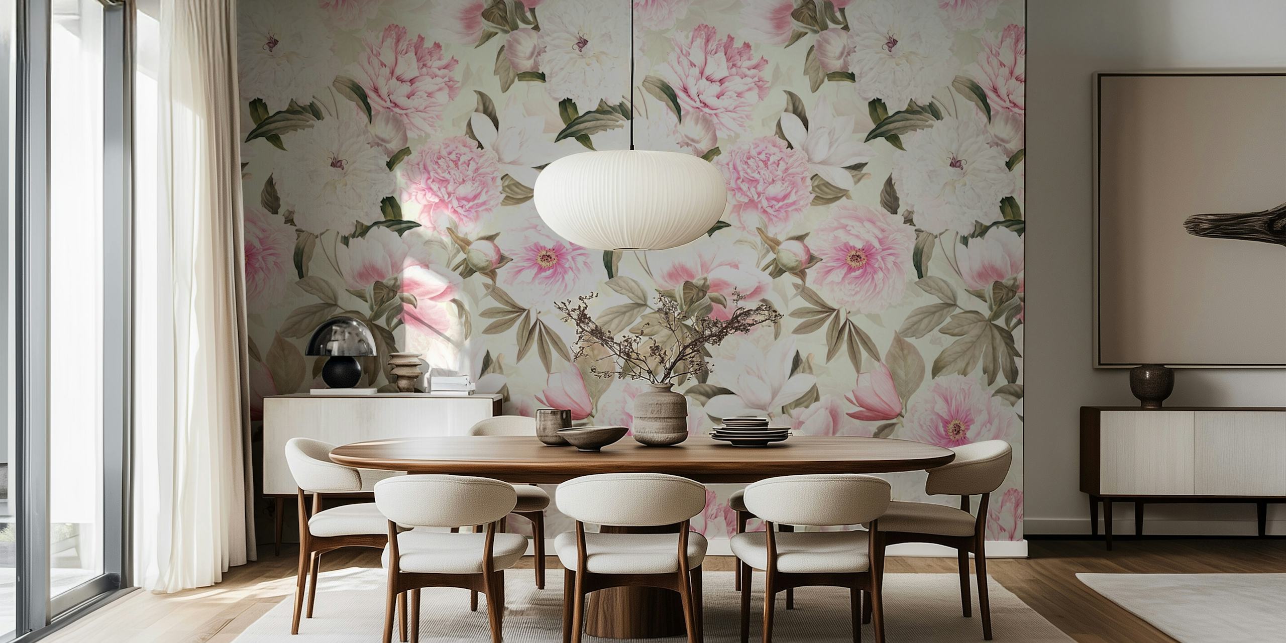 Peony Paradise Pink Blumen Tapete in einem Raum