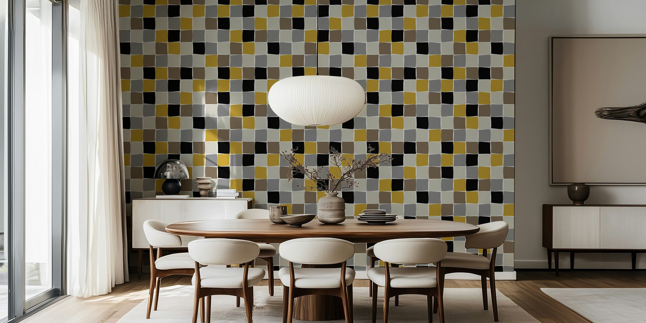 Checkerboard pattern wallpaper in yellow, gray, and black colors