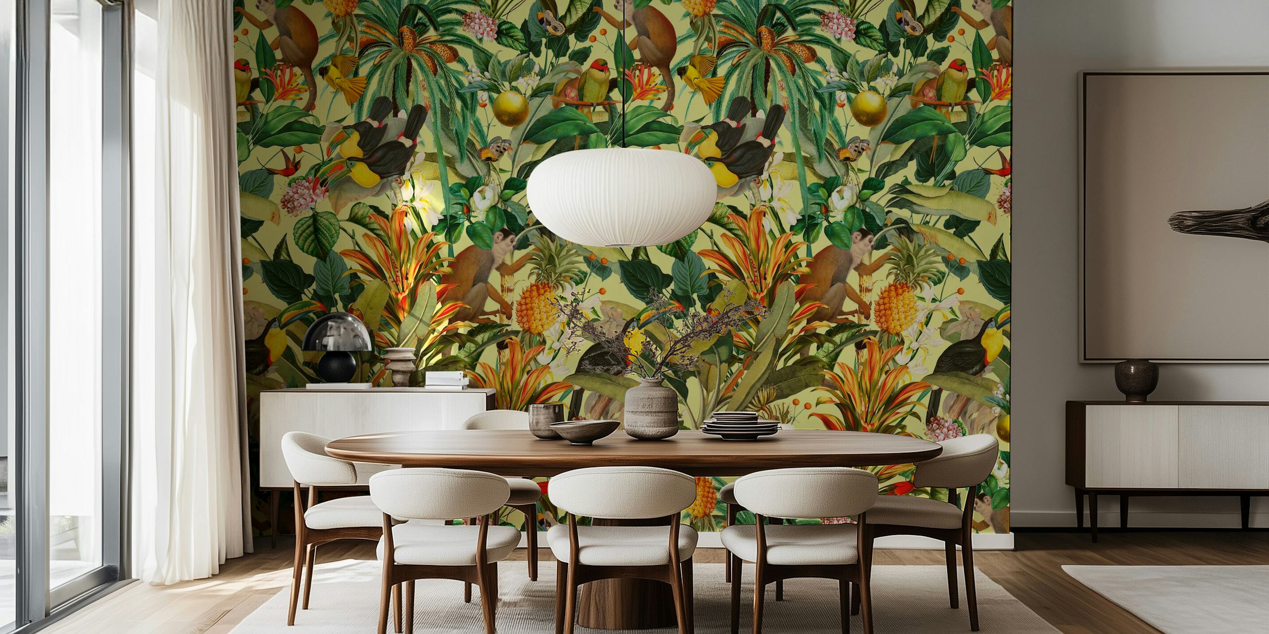 Tropical foliage, monkeys, and toucans in vibrant colors wallpaper