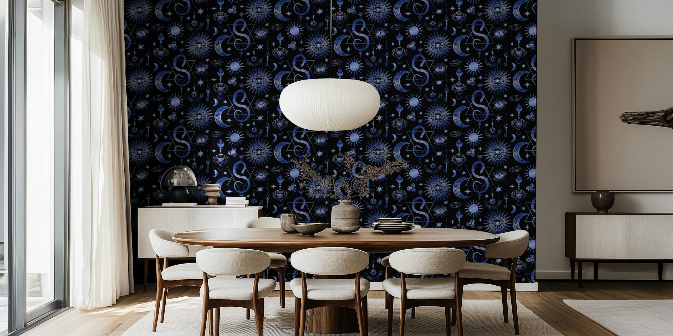 Celestial design featuring moons and stars on a dark blue background wallpaper