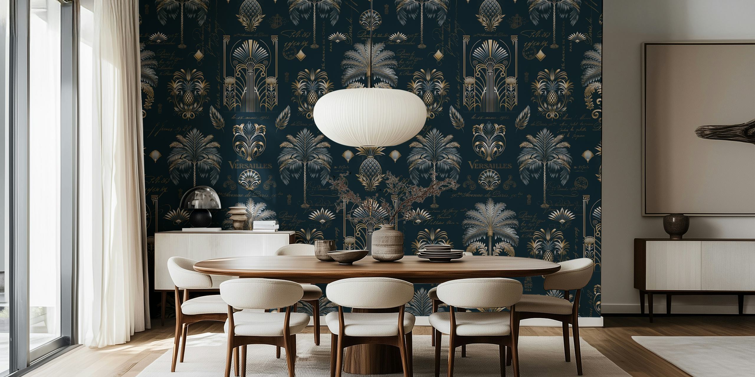 Art Deco Palm Luxury Blue behangontwerp