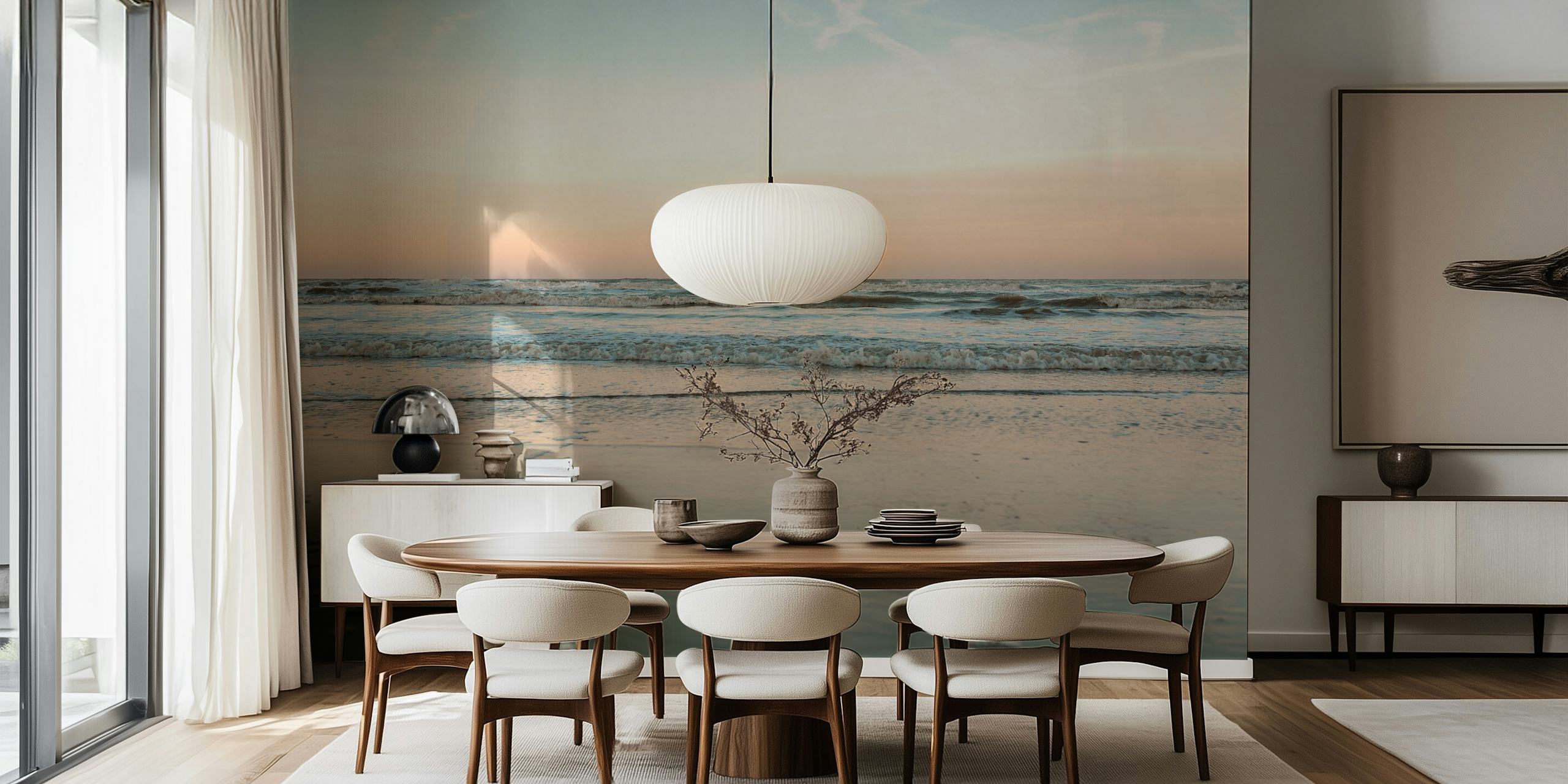 Ocean waves at sunrise with blue and peach hues beach wallpaper