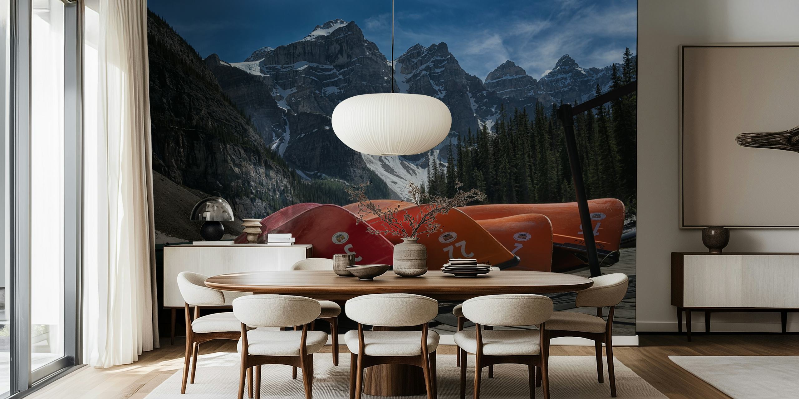 Four Peaks mountain landscape with red canoes wall mural