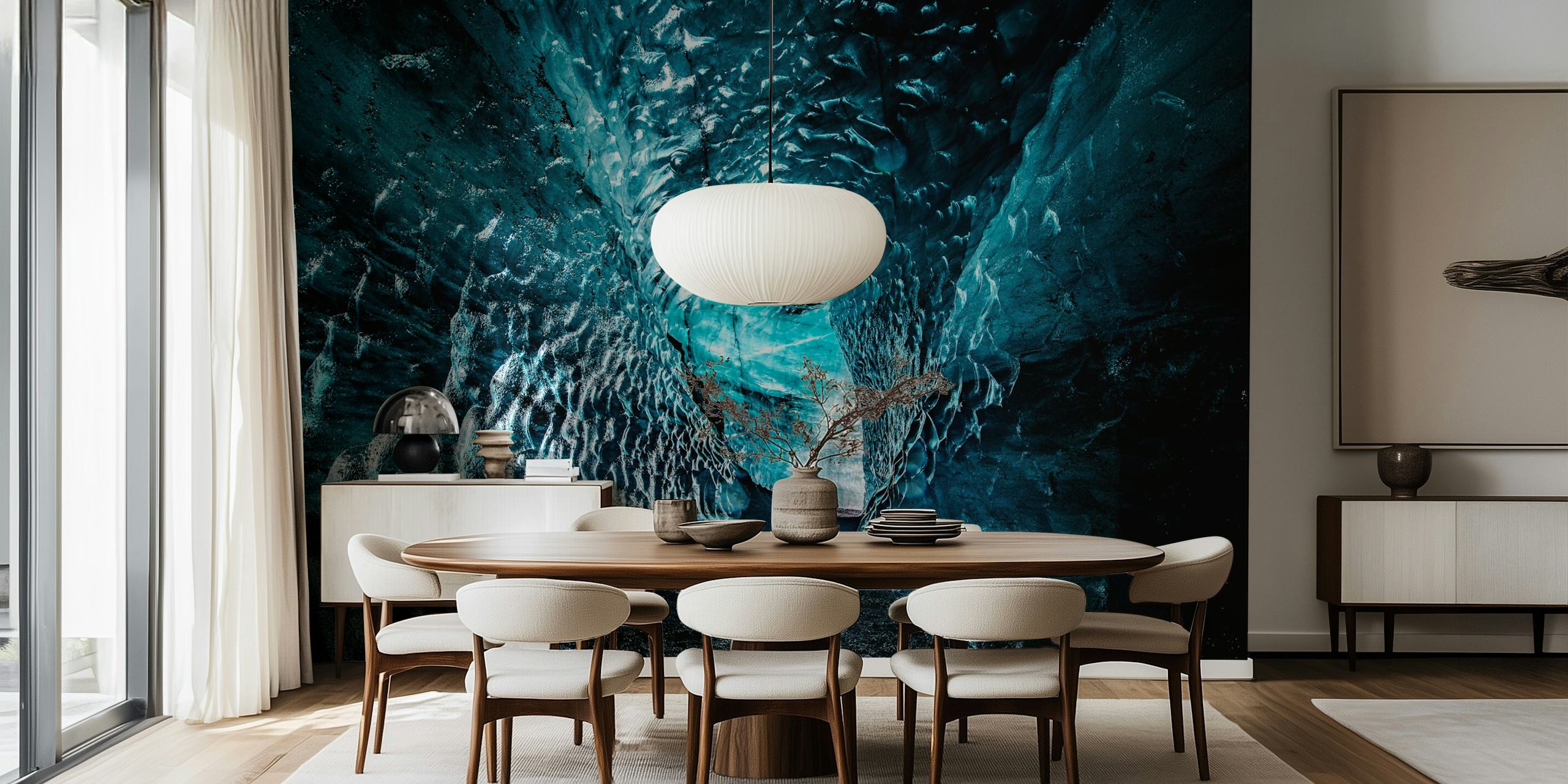 Arctic ice cave wall mural depicting a serene frozen cavern with shades of blue and clear ice formations