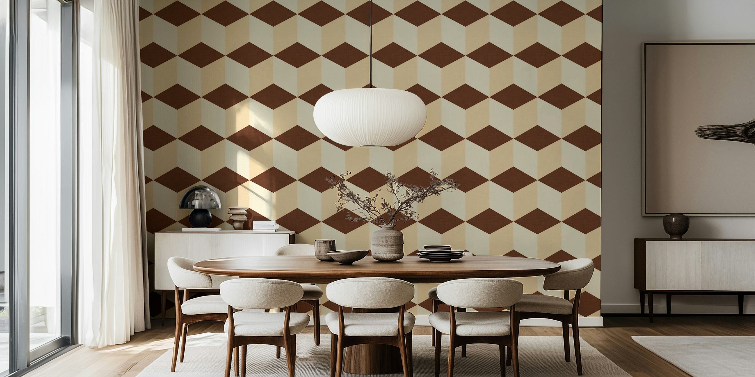 Geometric cube pattern in brown and beige wallpaper
