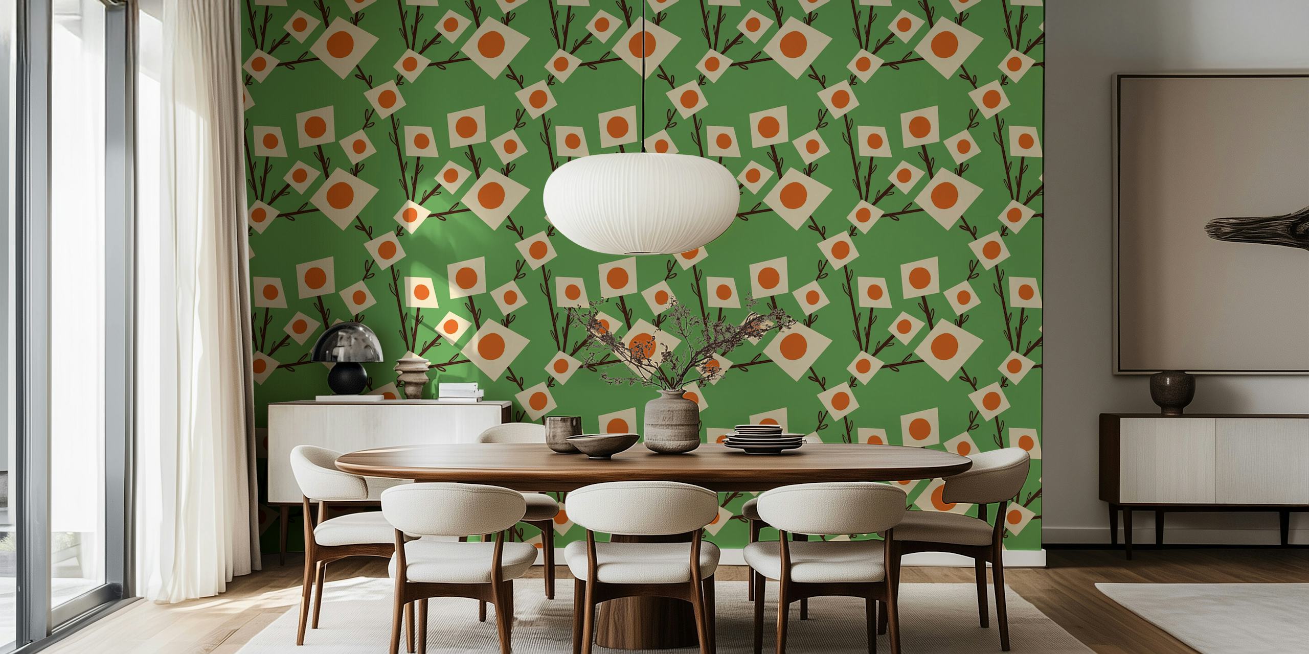 Fotomural de ramo de flores cuadrado verde con un estampado de ramos de flores sobre un fondo verde
