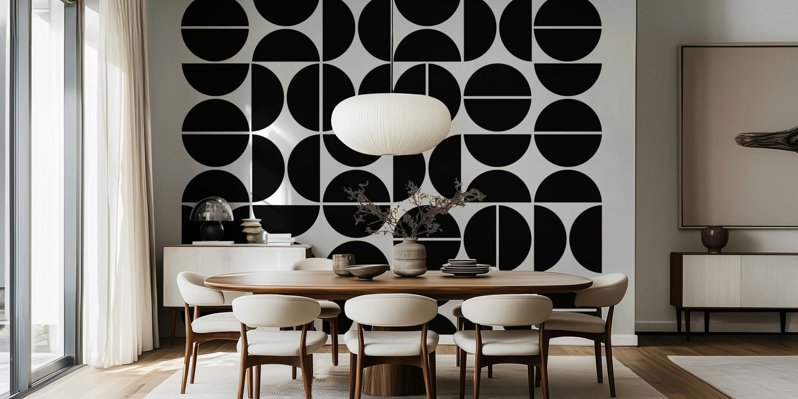 Black and white geometric pattern featuring circles and semi-circles wallpaper