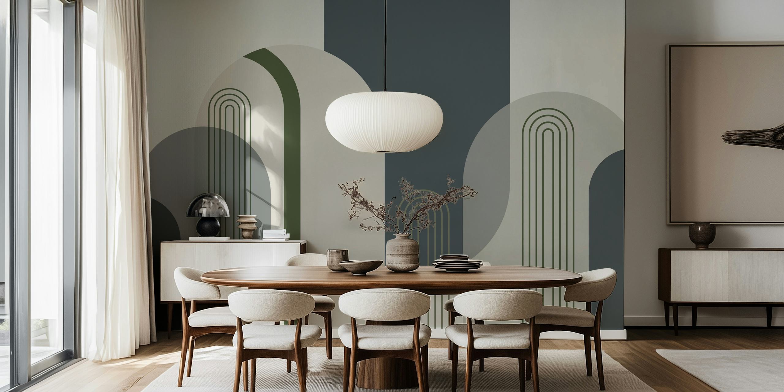Mid Century Modern arches pattern in blue and green wallpaper