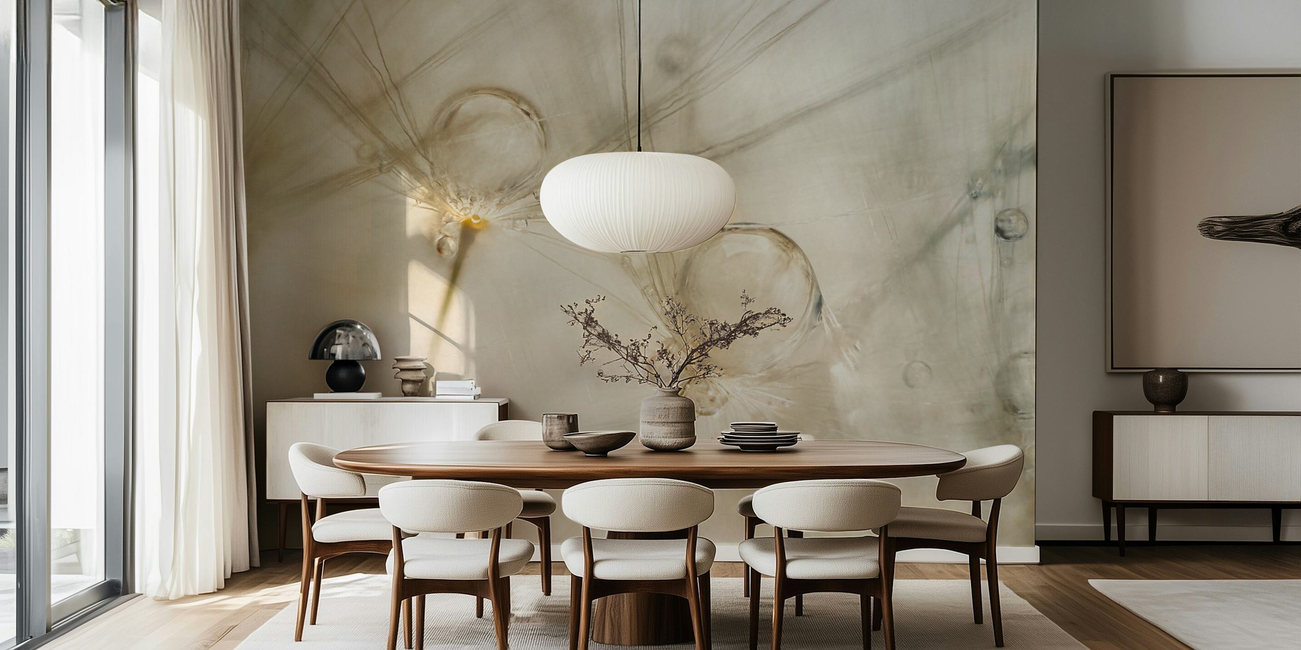 Abstract watercolor wall mural with soft neutral tones and fluid shapes.