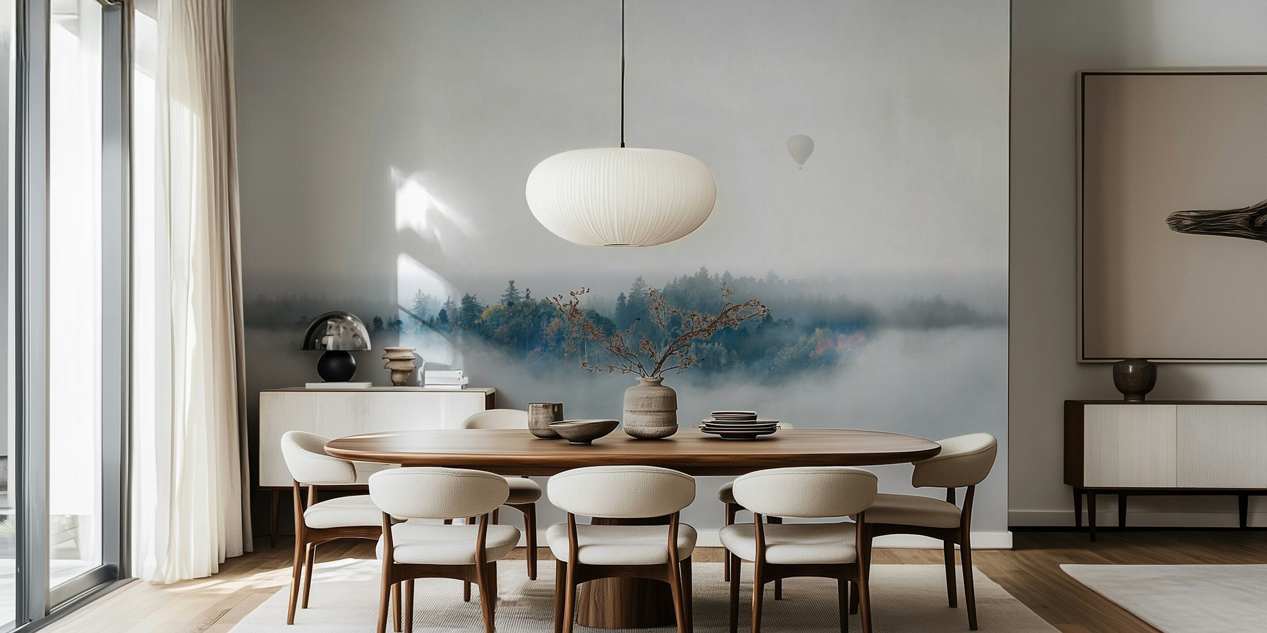 Misty landscape with trees and a hot air balloon, grey tones wallpaper