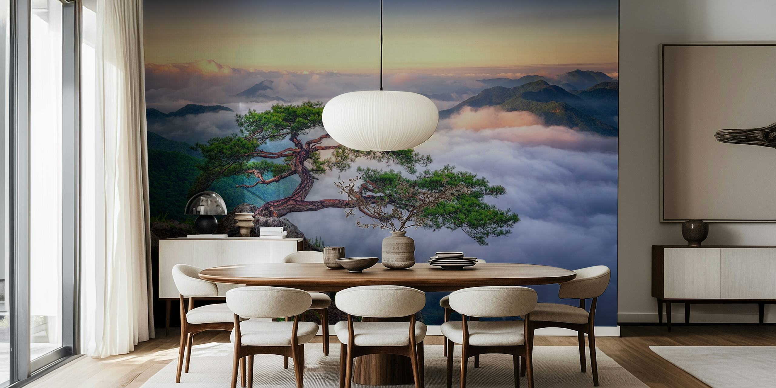 Wallpaper depicting a tree on rocky mountain peak