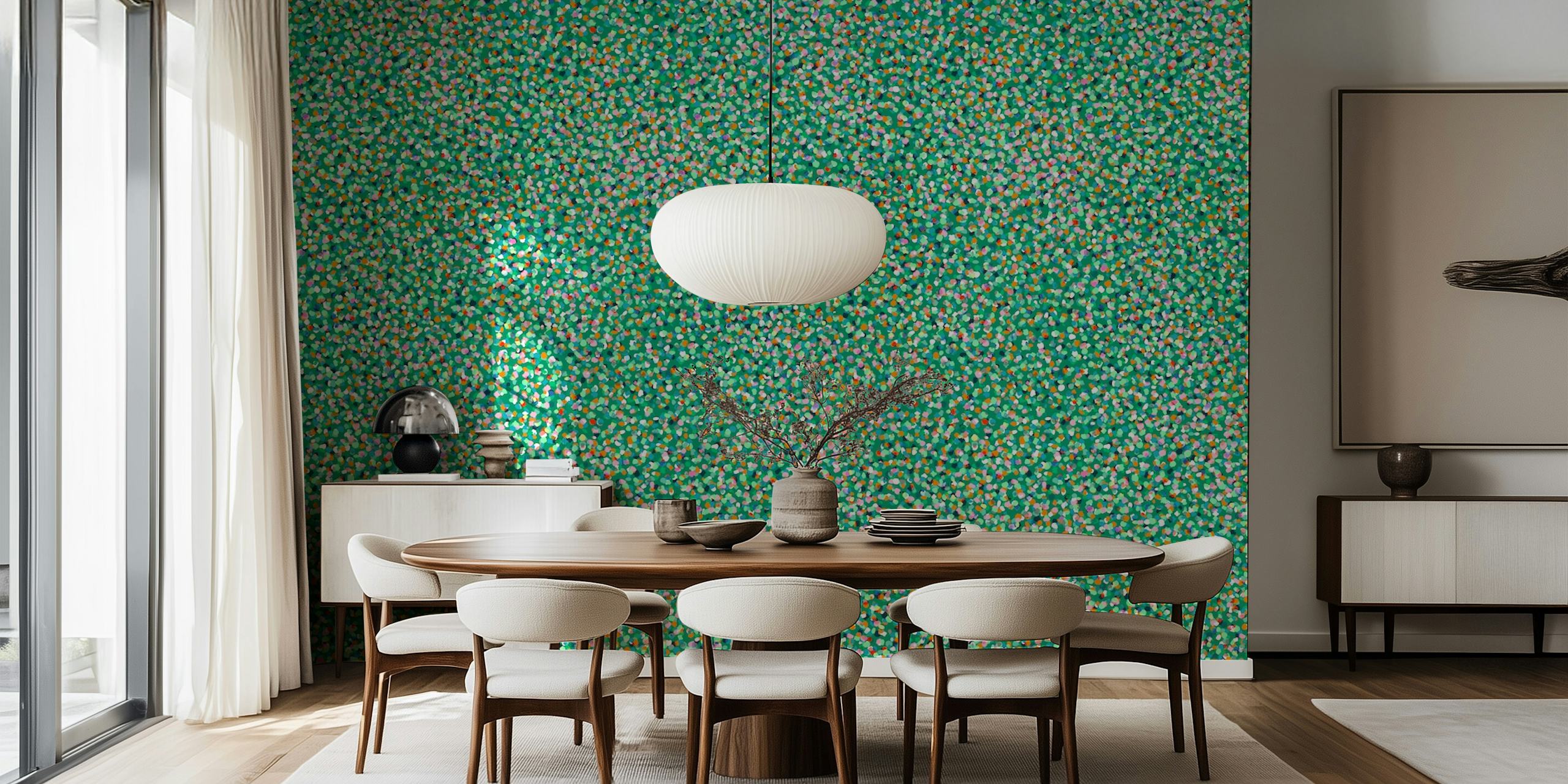 Emerald green wallpaper with colorful confetti dots