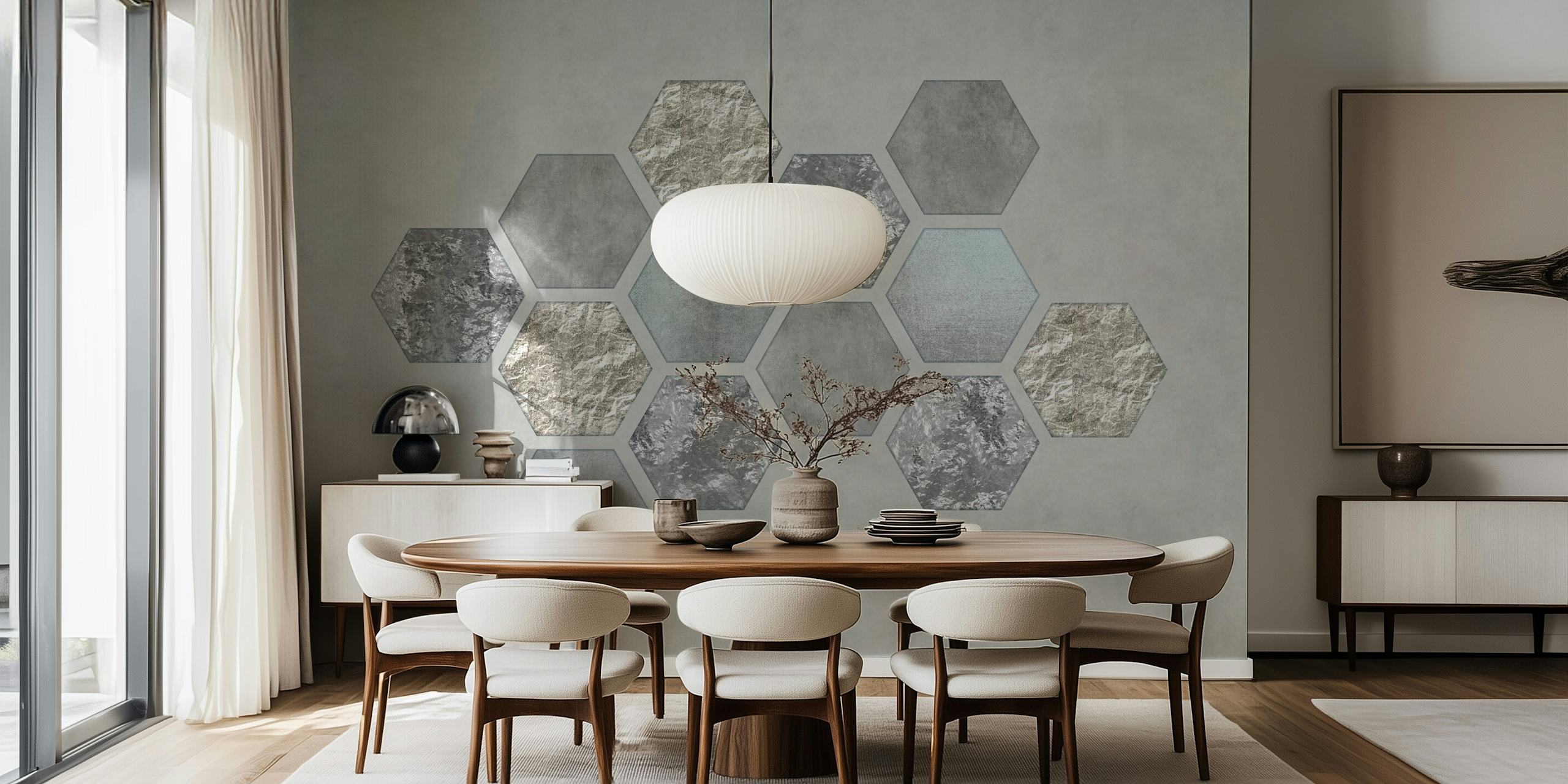 Grey hexagon patterns with textured finishes geometric wallpaper
