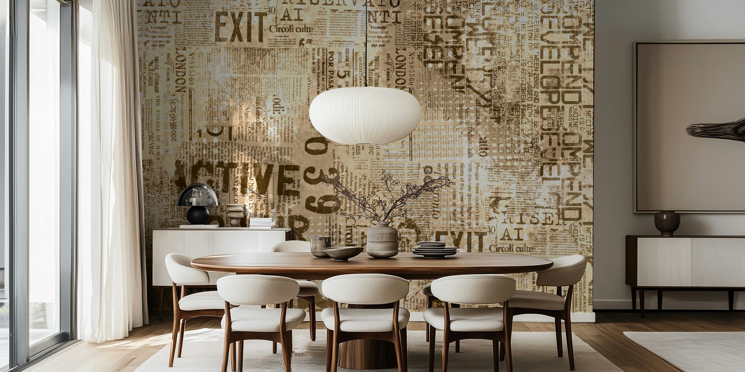 Urban beige and brown textured wallpaper with newspaper patterns